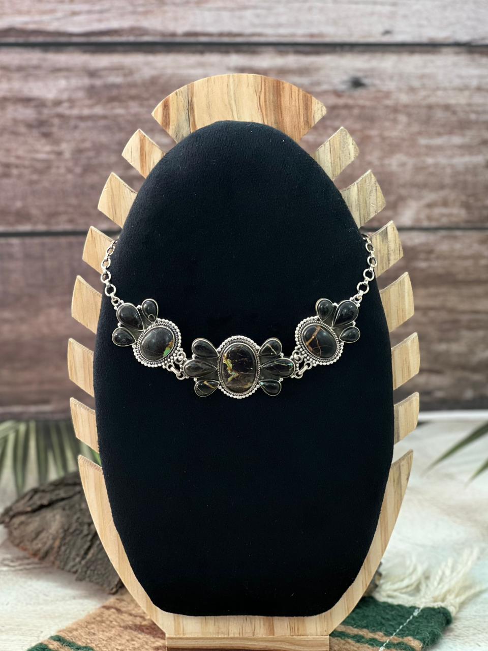 Handmade Sterling Silver Blackjack Turquoise Choker Necklace "Signed Nizhoni"