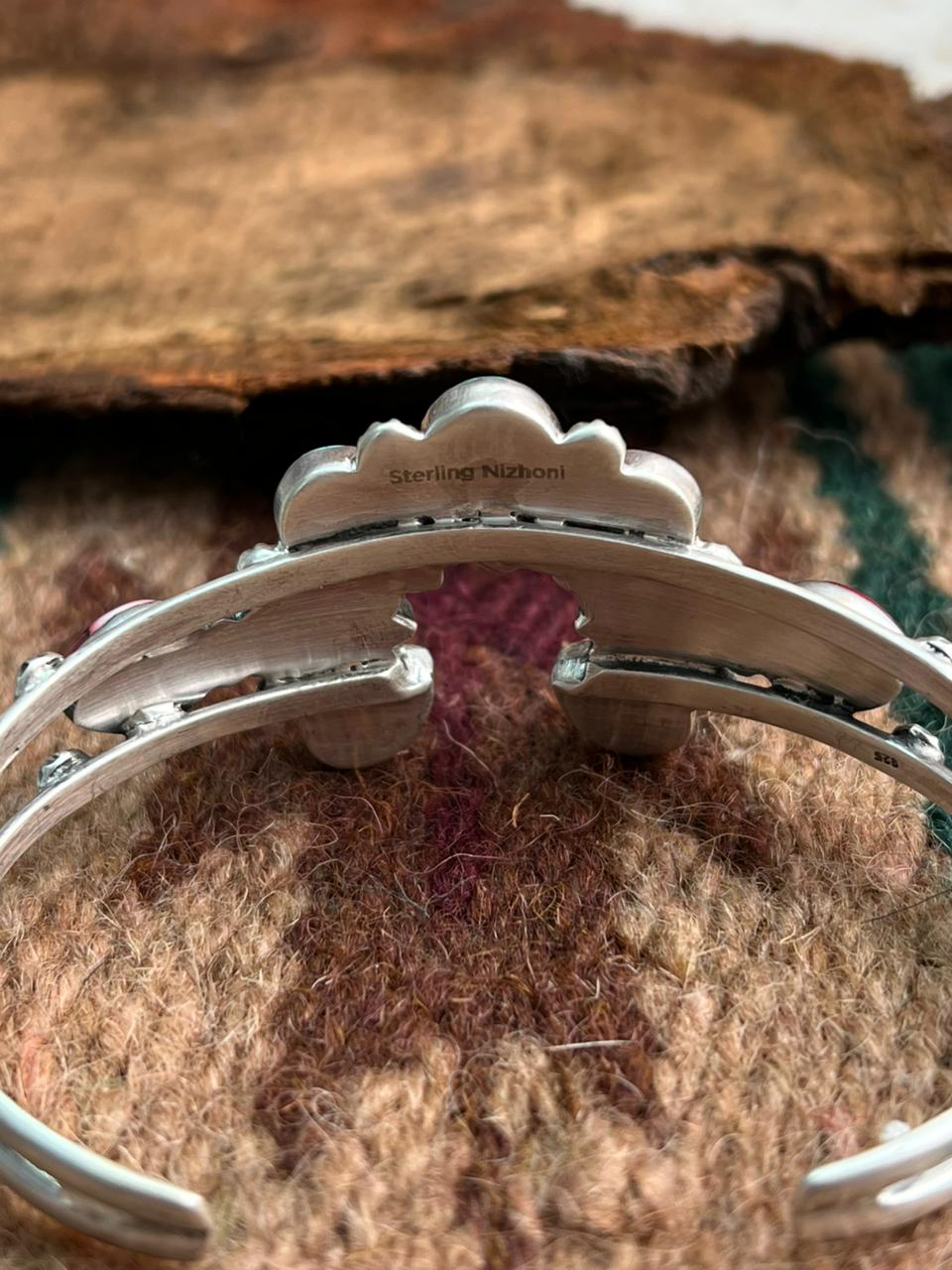 Handmade Sterling Silver Dahlia Rose with Emerald Valley Turquoise Cuff Bracelet "Signed Nizhoni"