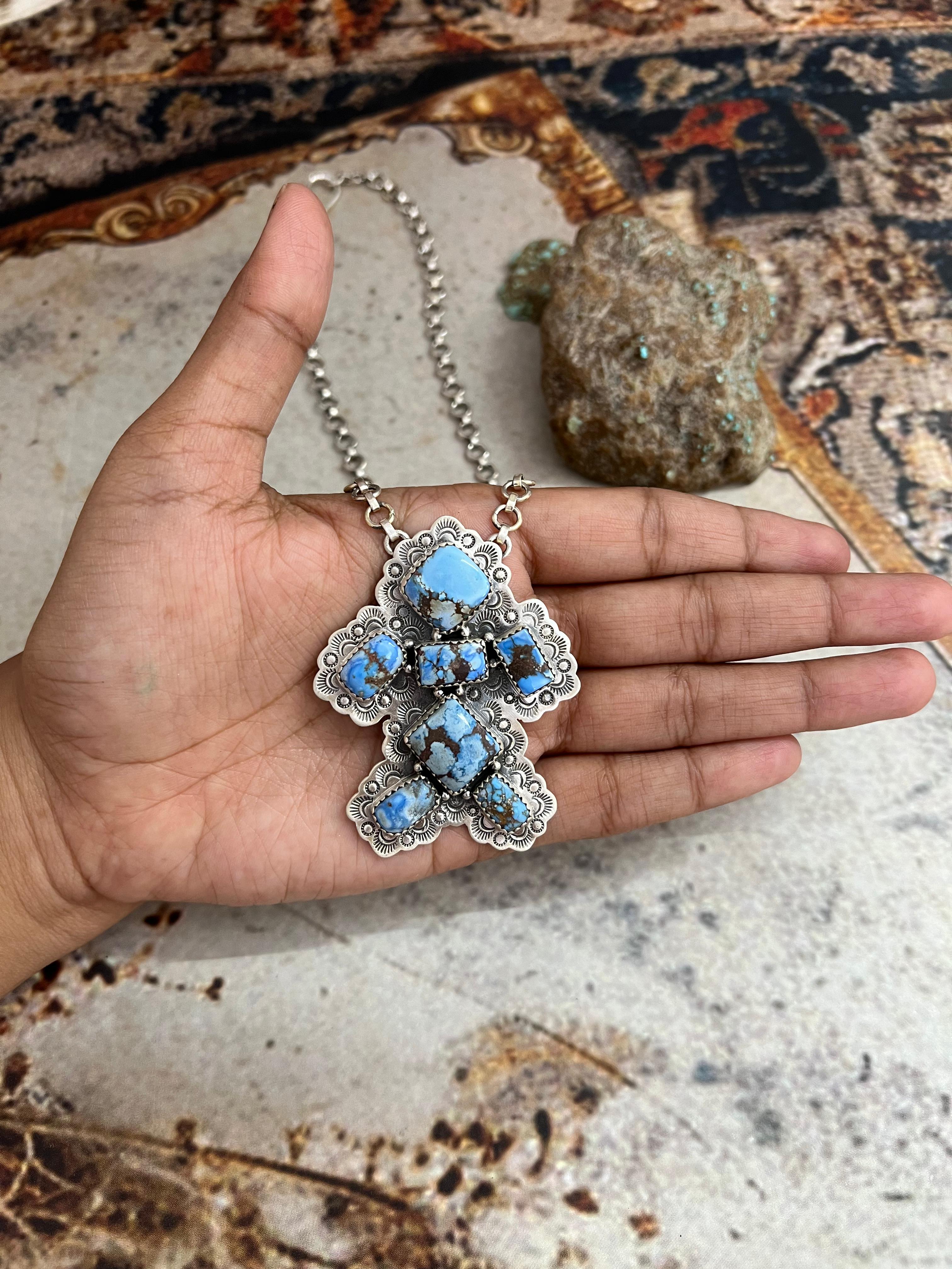 Handmade Sterling Silver Golden Hills Turquoise Necklace with Signed Nizhoni