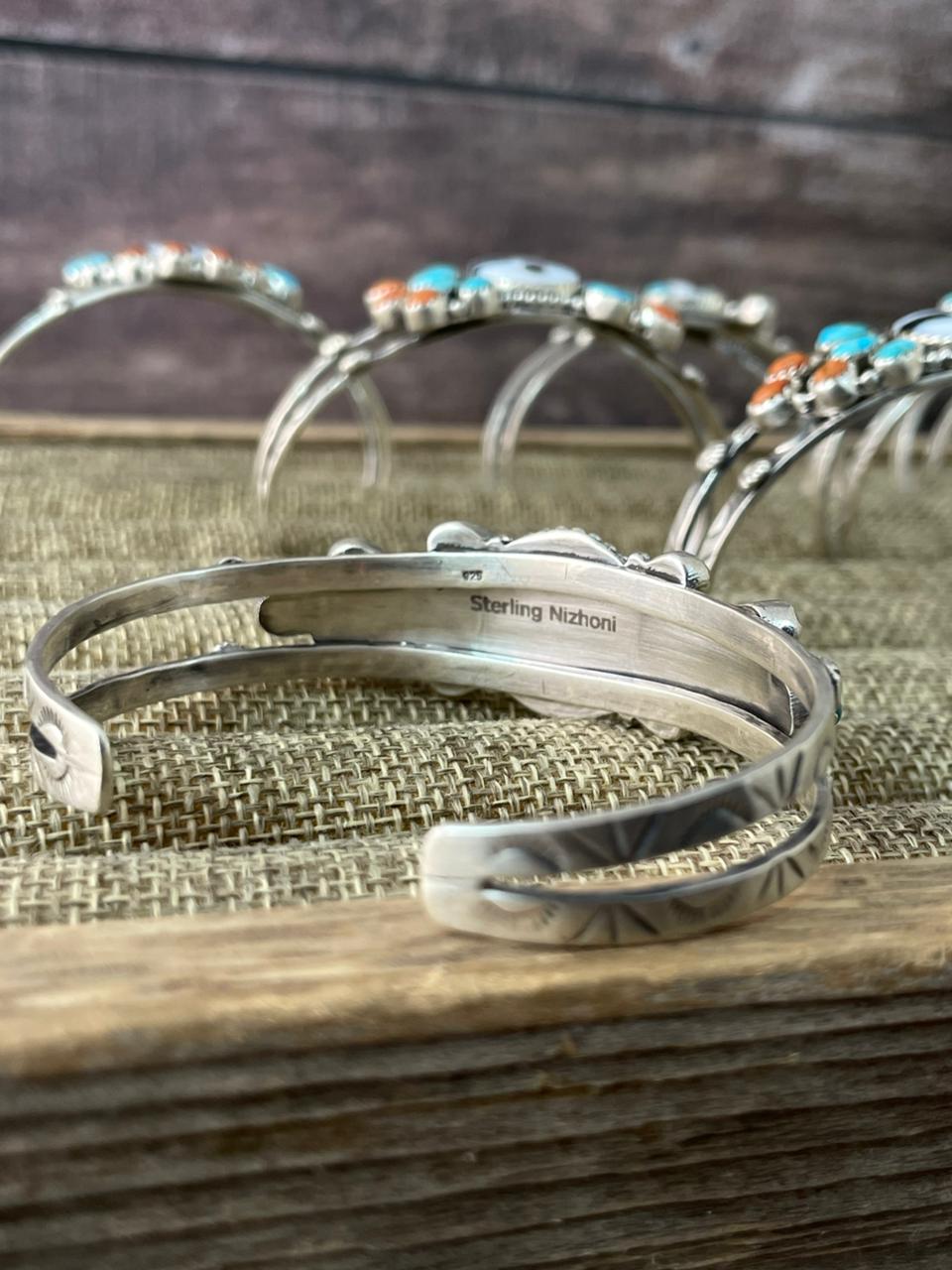 Handmade Sterling Silver Turquoise and MOP Cuff Bracelet "Signed Nizhoni"