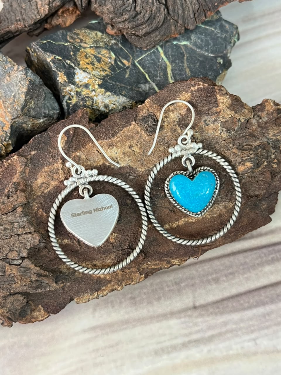 Handmade Sterling Silver Blue Kingman Turquoise Hook Dangle Heart Earrings Signed Nizhoni