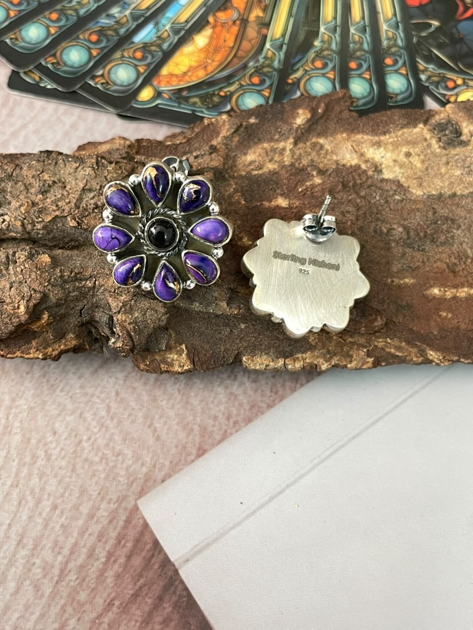 Handmade Sterling Silver Grape Dahlia with Black Onyx Halloween Collection: Post Studs Earrings Signed Nizhoni