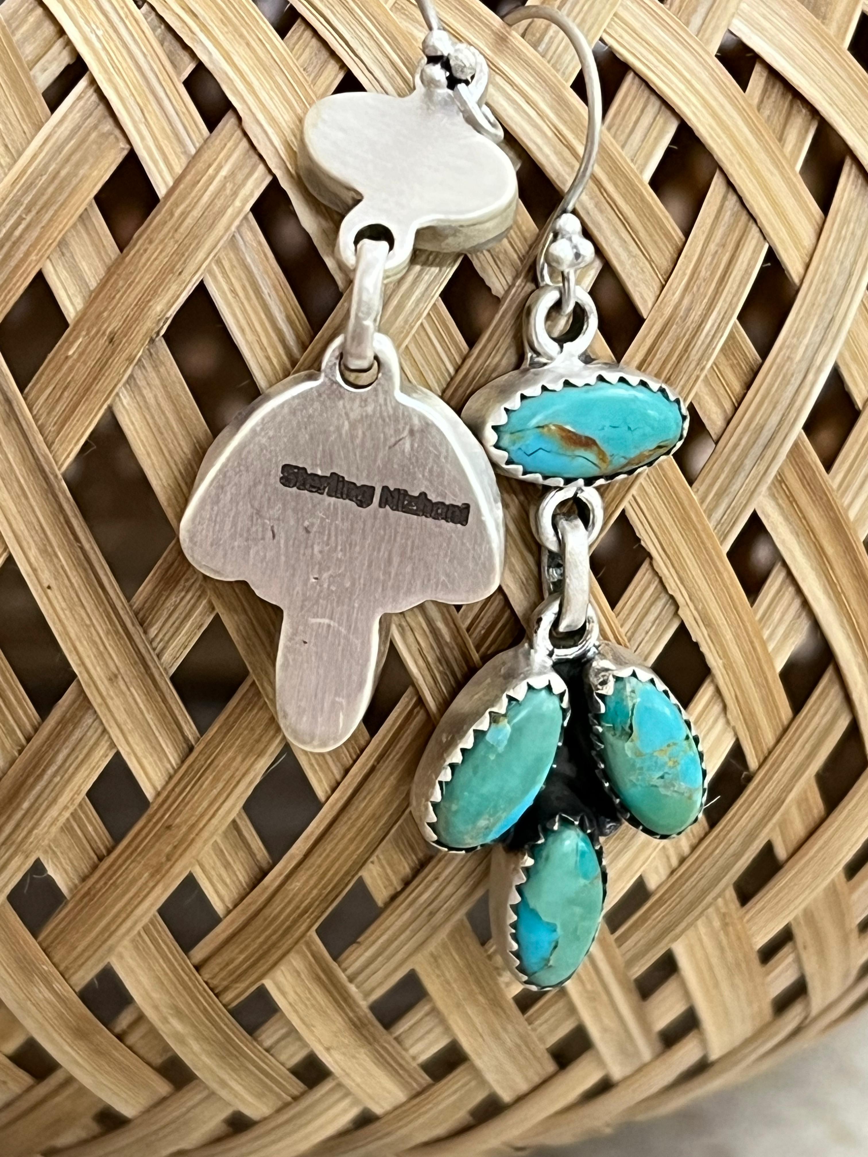Handmade Sterling Silver Kingman Turquoise Post Dangle Earrings with Signed Nizhoni