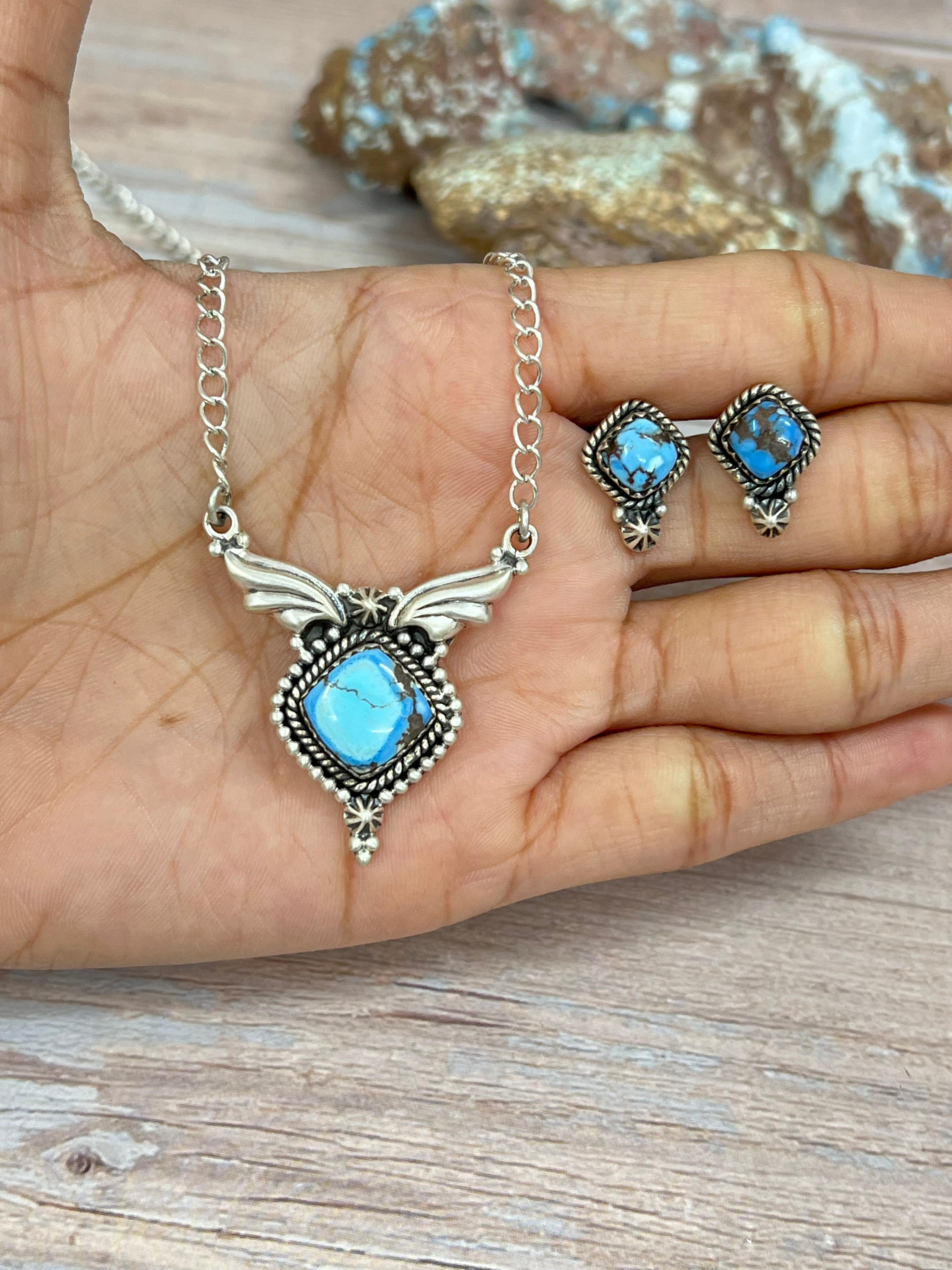 Handmade Sterling Silver Golden Hills Turquoise Necklace Earrings Set with Signed Nizhoni