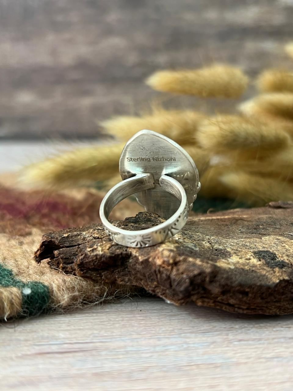 Handmade Sterling Silver Santa Maria with Palomino Turquoise Adjustable Ring "Signed Nizhoni"