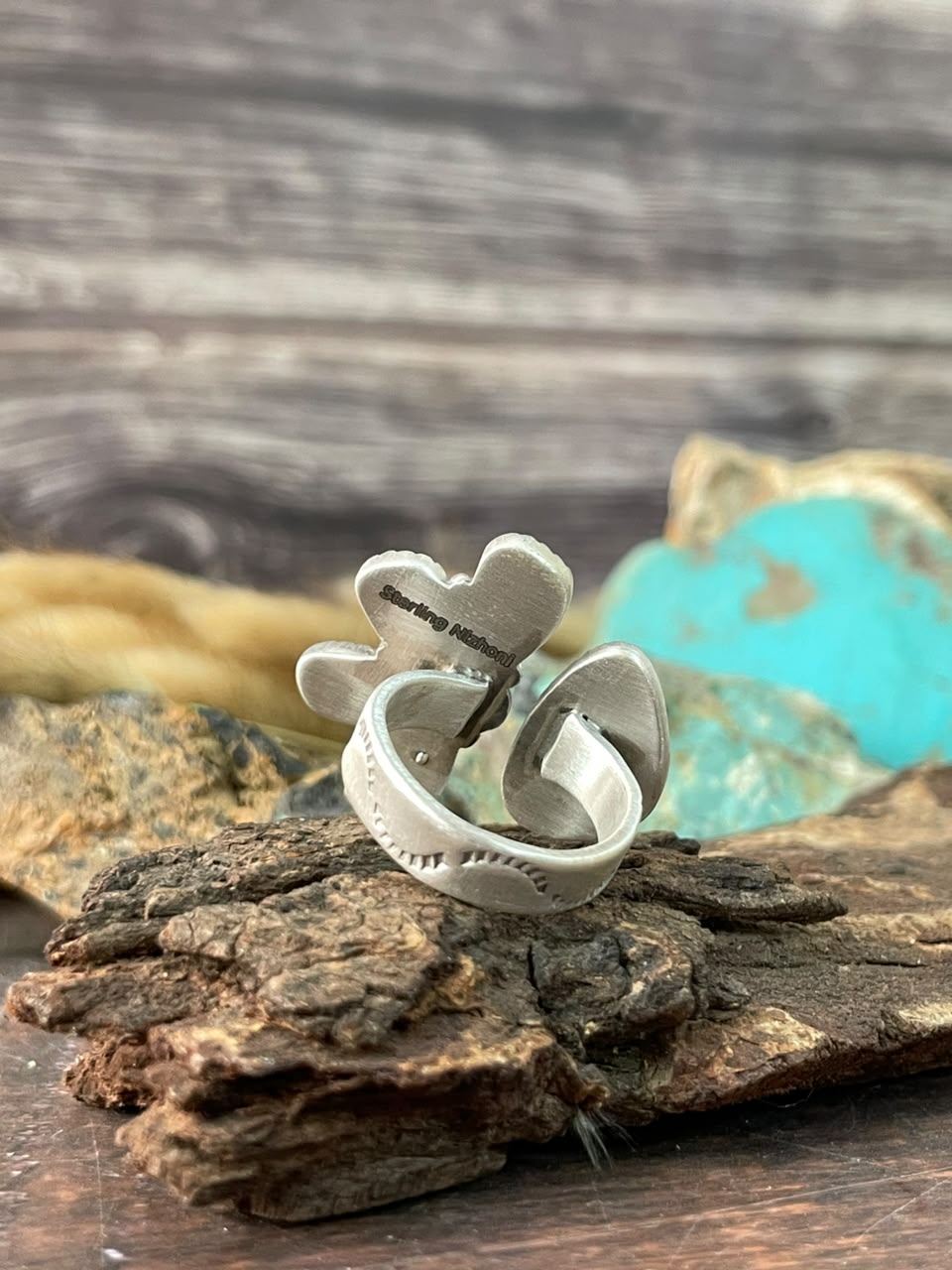 Handmade Sterling Silver Santa Maria with Palomino Turquoise Adjustable Ring Signed Nizhoni