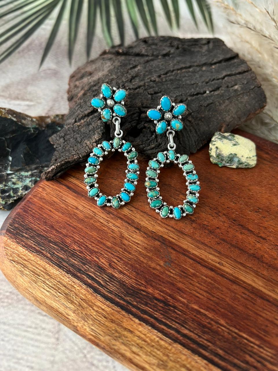 Handmade Sterling Silver Kingman Turquoise Post Dangle Earrings "Signed Nizhoni"