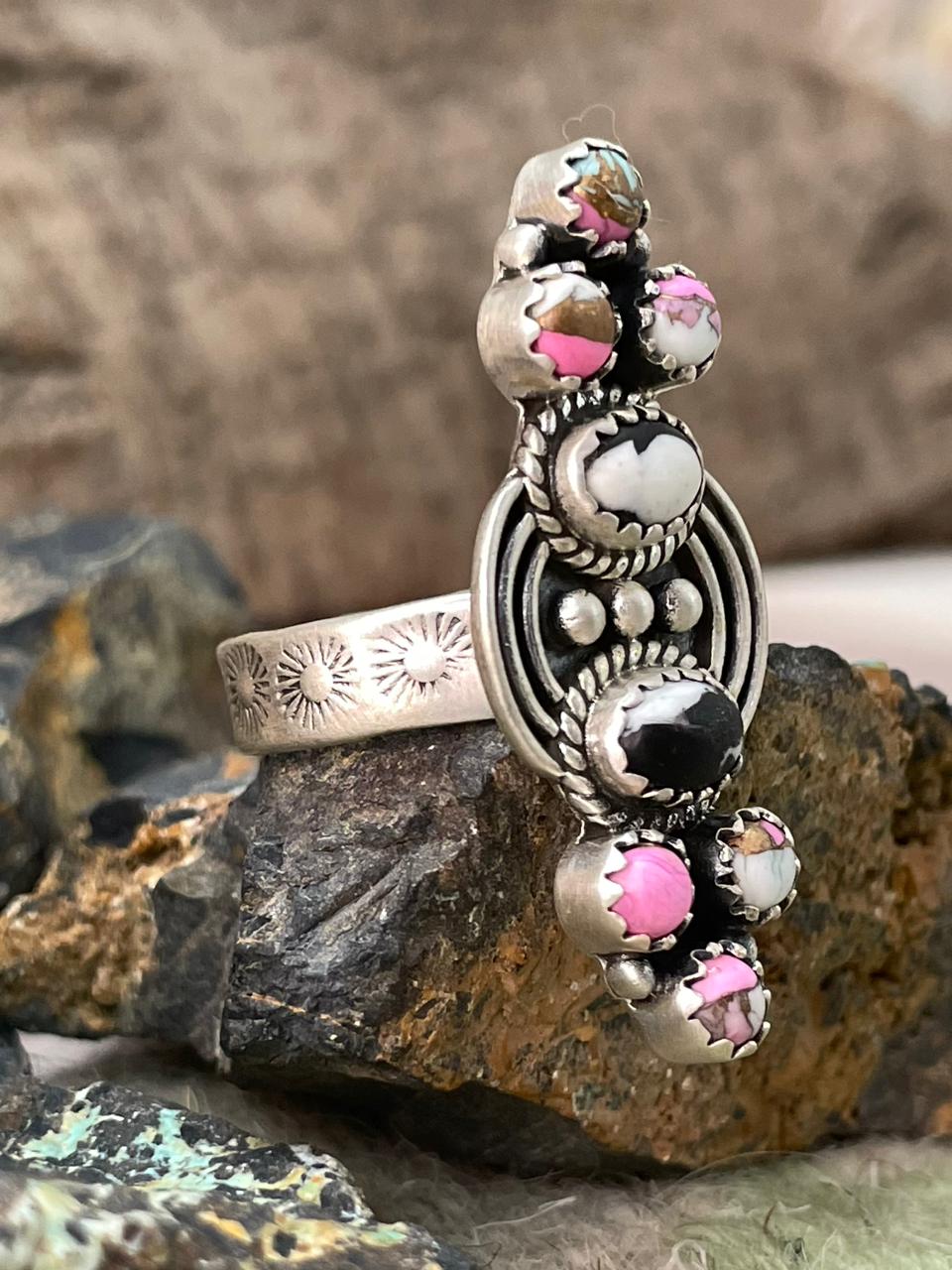 Handmade Sterling Silver White Buffalo with Cotton Candy Adjustable Ring "Signed Nizhoni"