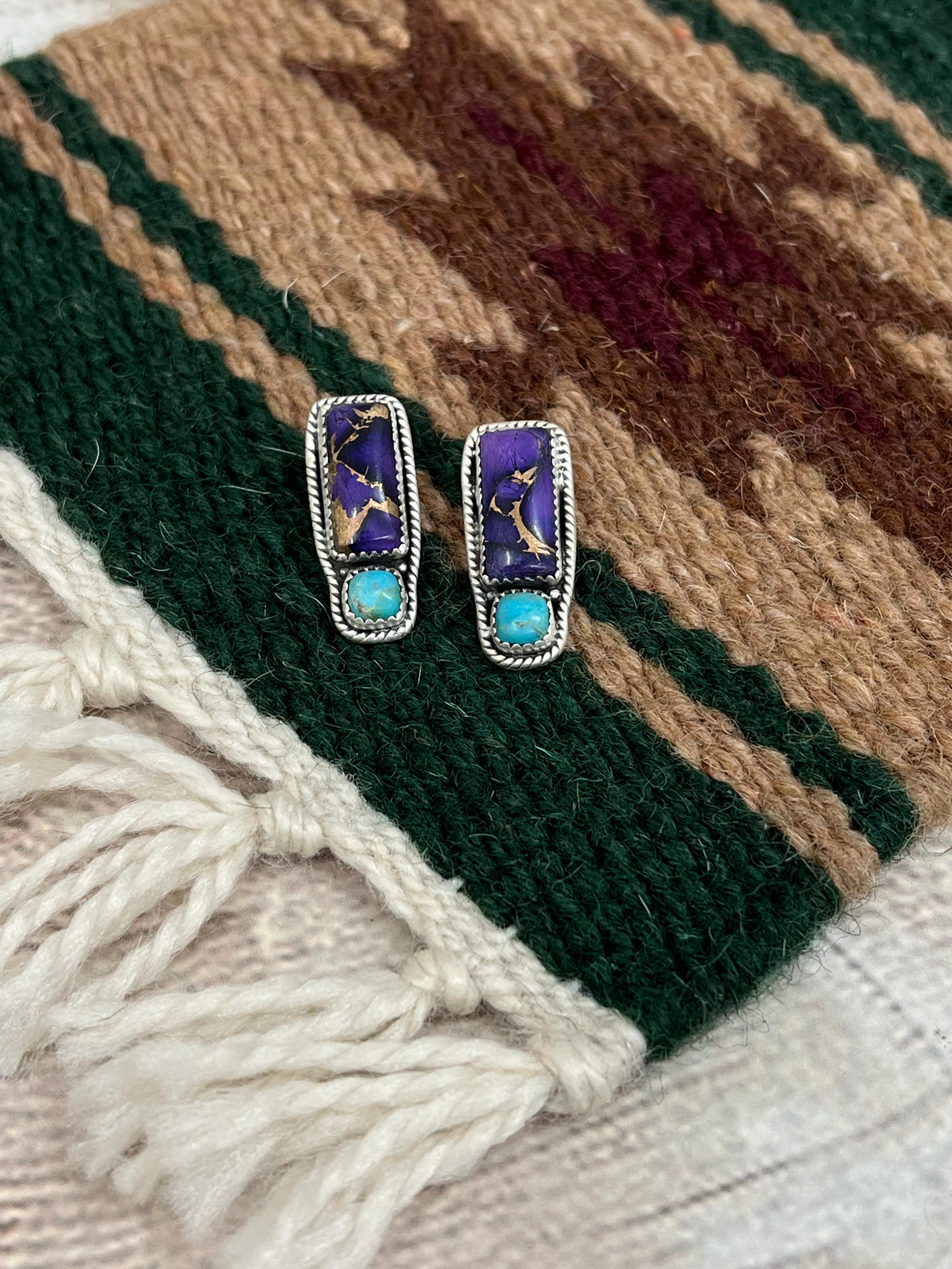 Handmade Sterling Silver Grape Dahlia with Kingman Post Studs with Signed Nizhoni