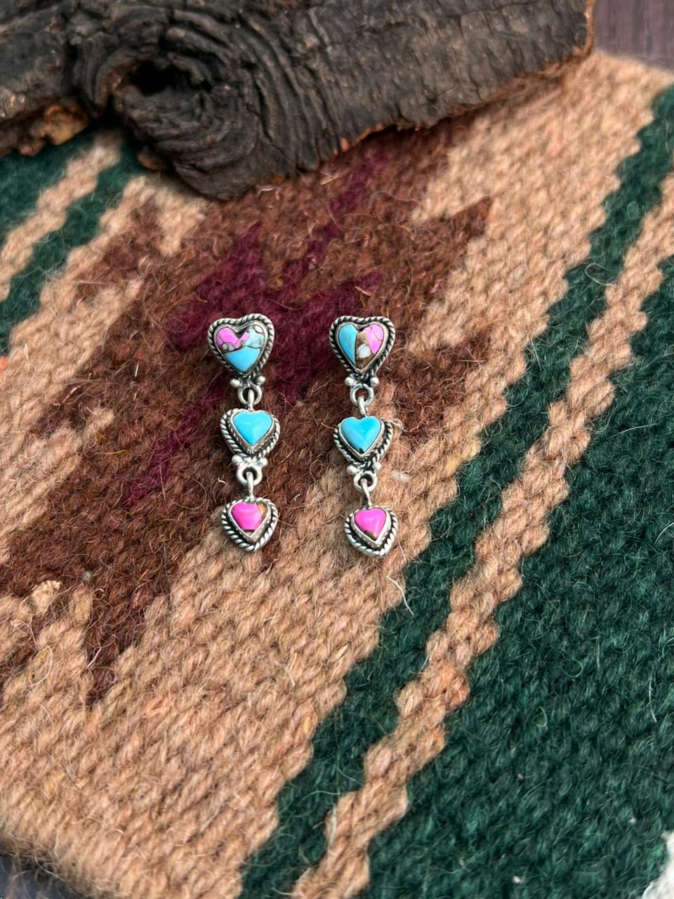 "Heart Collection" Handmade Sterling Silver Cotton Candy Post Dangle Earrings "Signed Nizhoni"