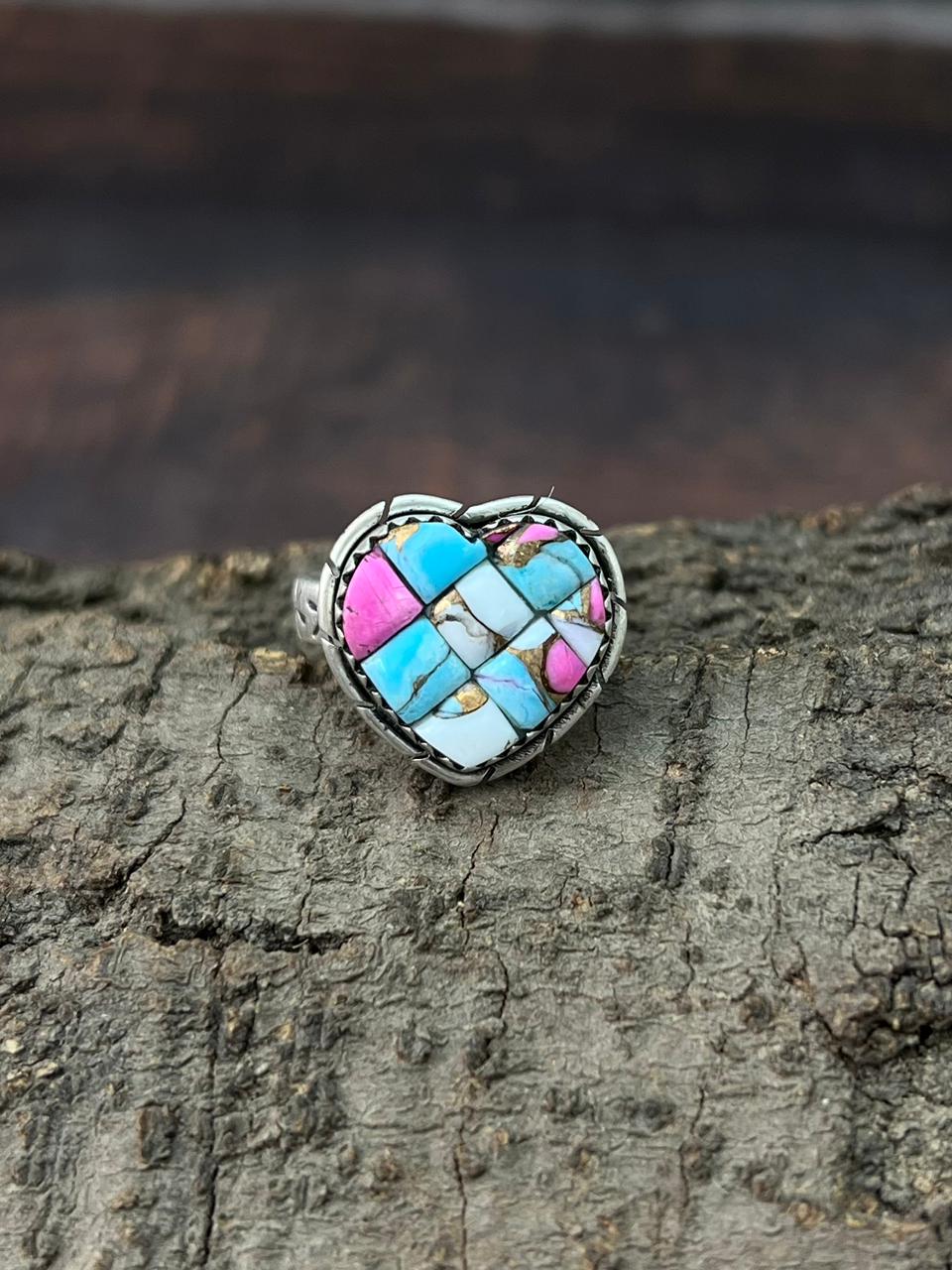 Handmade Sterling Silver Cotton Candy Heart Shape Adjustable Ring "Signed Nizhoni"