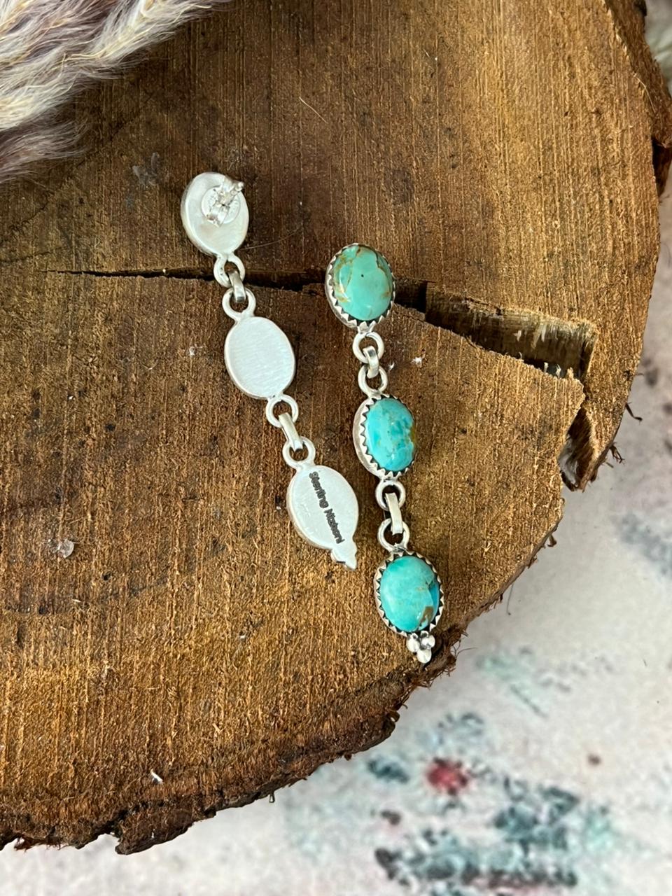 Handmade Sterling Silver Kingman Turquoise Post Dangle Earrings Signed Nizhoni (5)
