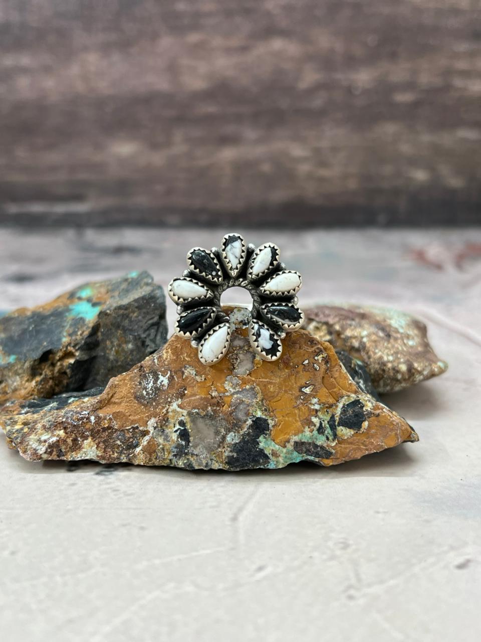 Handmade Sterling Silver White Buffalo Turquoise Naja Adjustable Ring "Signed Nizhoni"