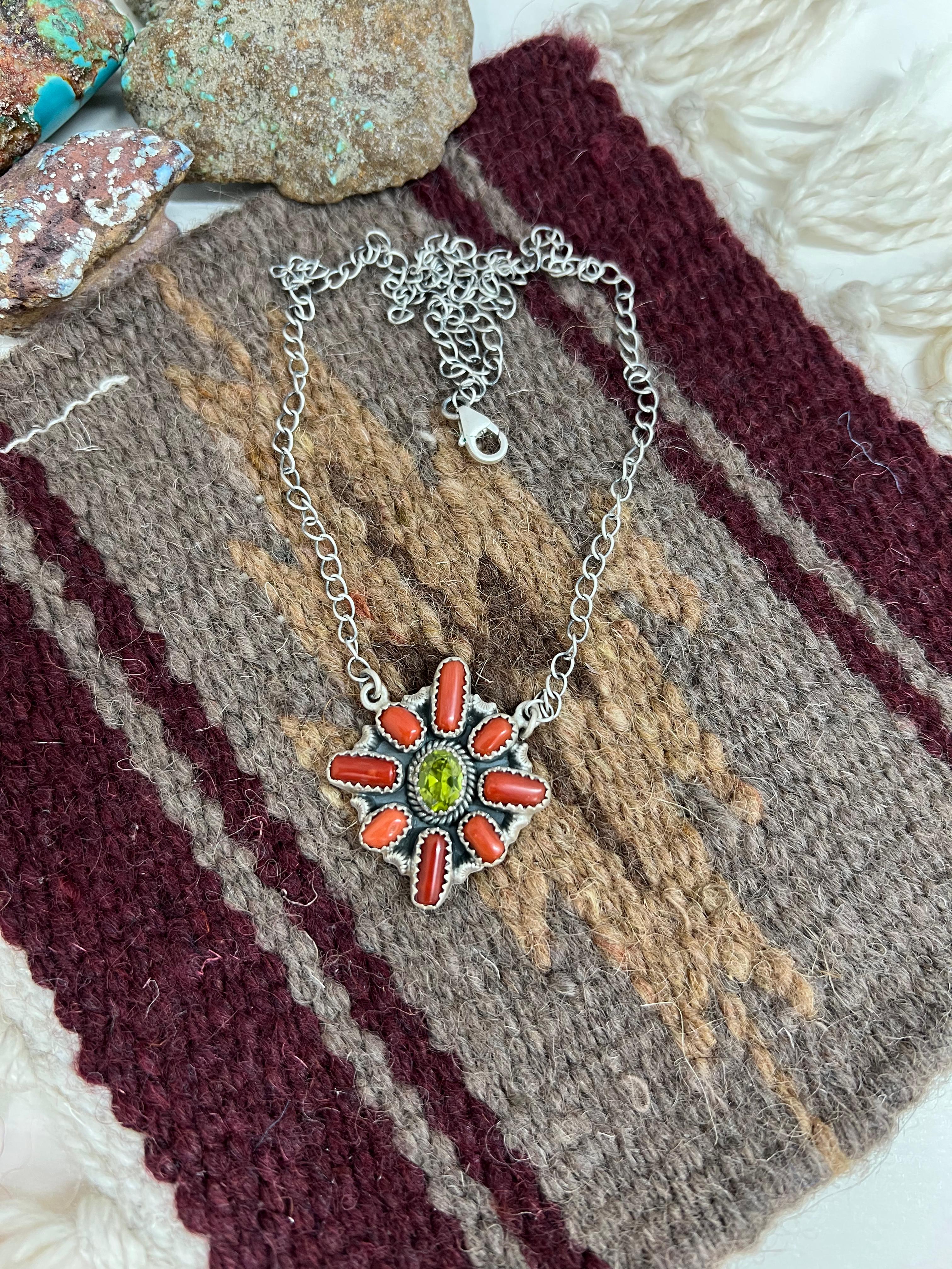 Christmas Collection Handmade Sterling Silver Coral with Peridot Necklace with Signed Nizhoni