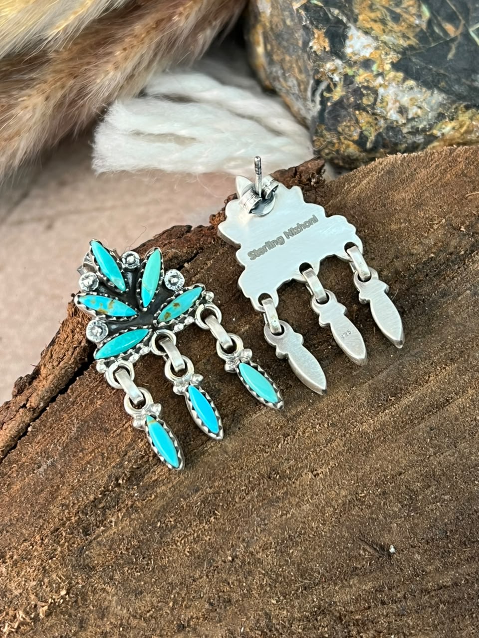 Handmade Sterling Silver Kingman Turquoise Post Dangle Earrings Signed Nizhoni