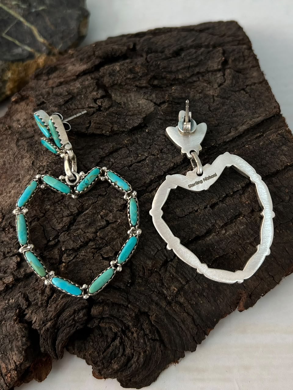 Handmade Sterling Silver Kingman Turquoise Post Dangle Heart Earrings Signed Nizhoni