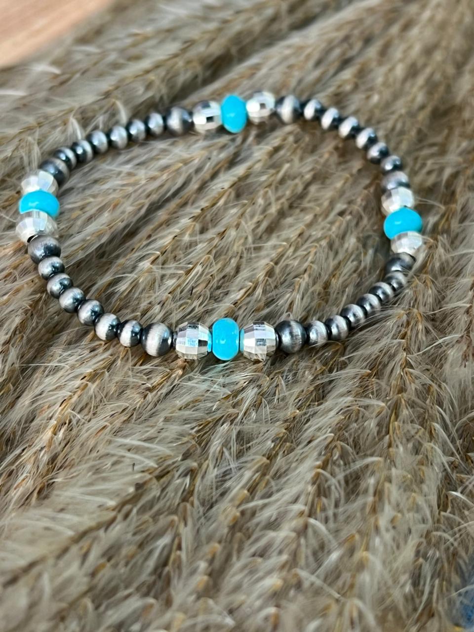 Handmade Sterling Silver Kingman Turquoise disco ball Stretch Bracelet