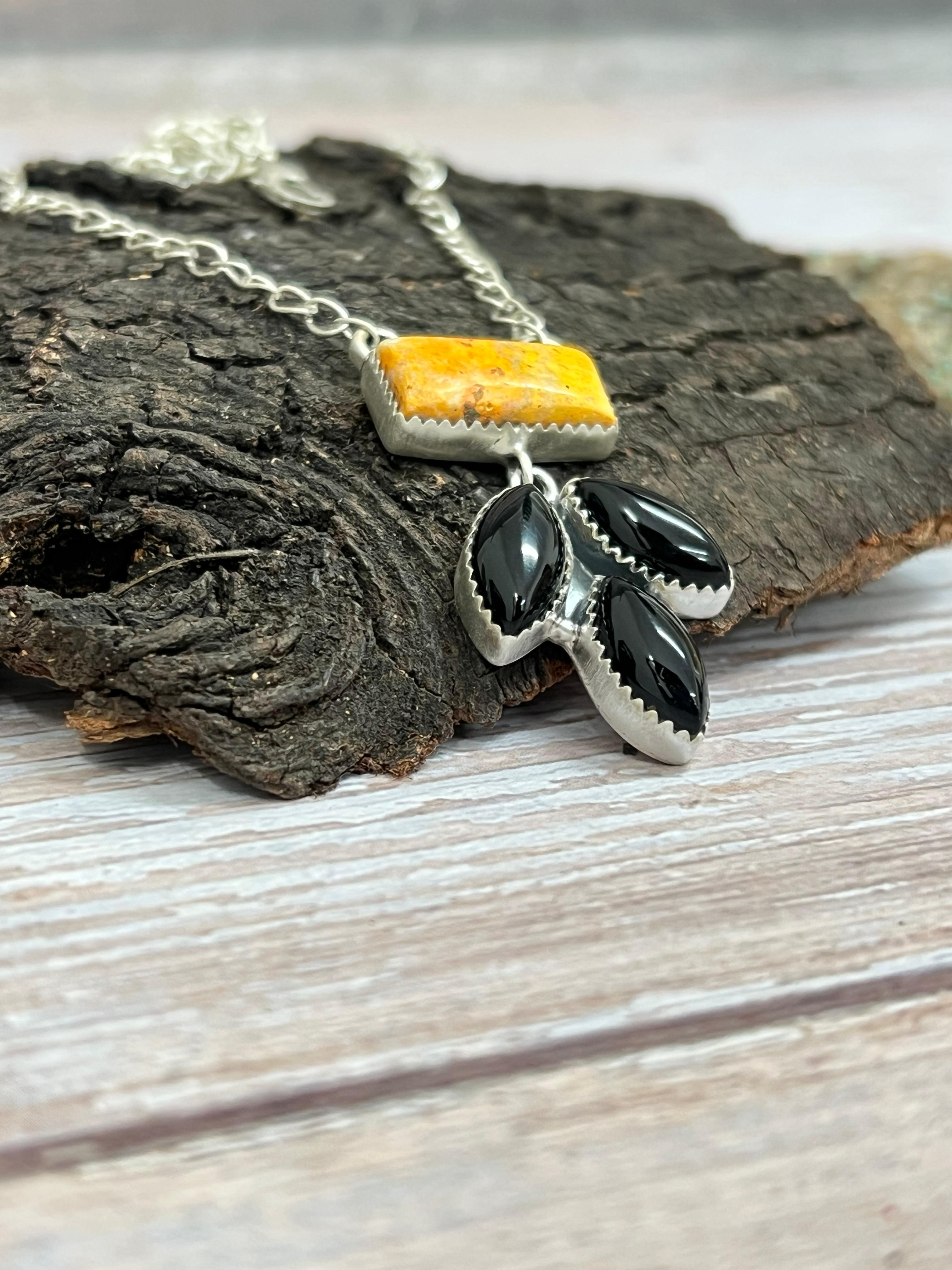 "Halloween Collection" Handmade Sterling Silver Black Onyx, Bumblebee Necklace with Signed Nizhoni
