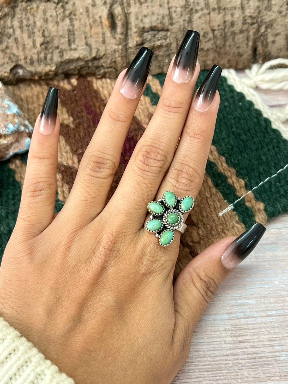 Handmade Sterling Silver Kingman Turquoise Adjustable Ring "Signed Nizhoni"