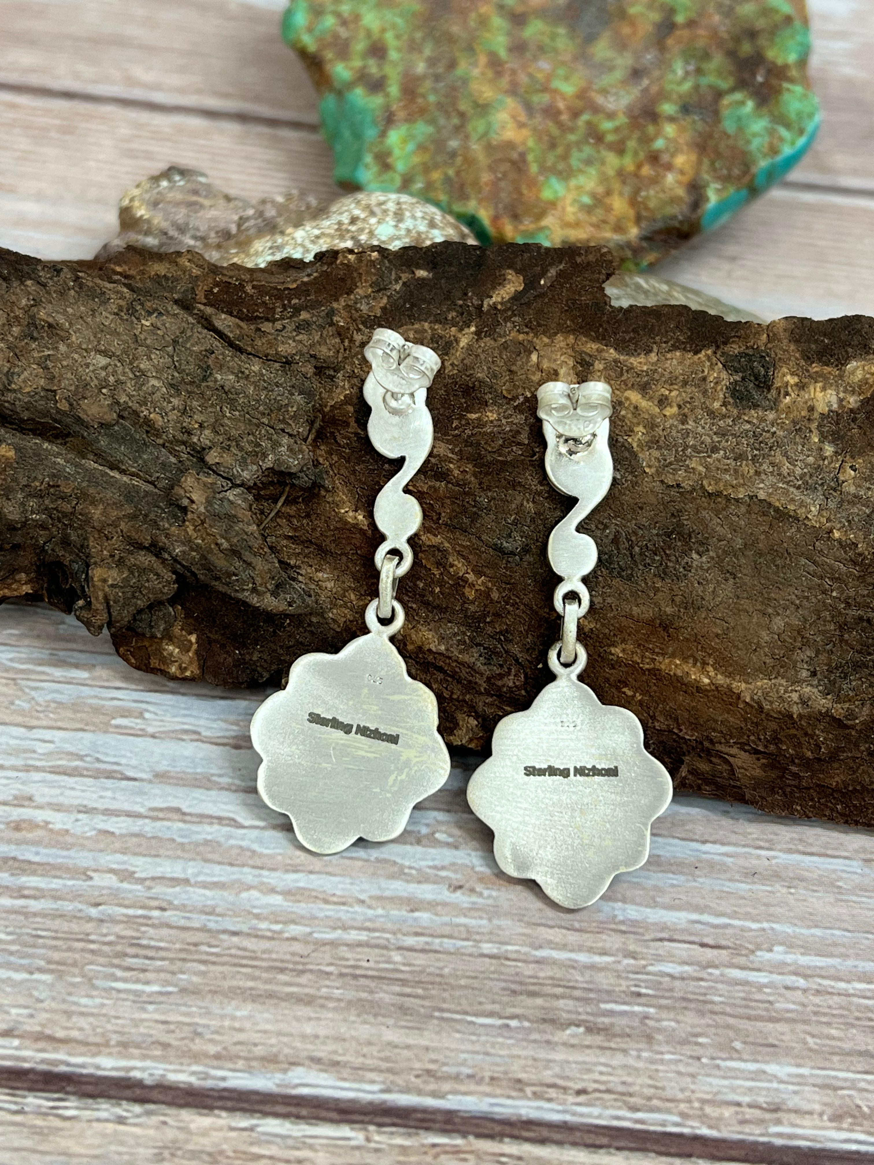 Handmade Sterling Silver Kingman Turquoise Post Dangle Earrings with Signed Nizhoni