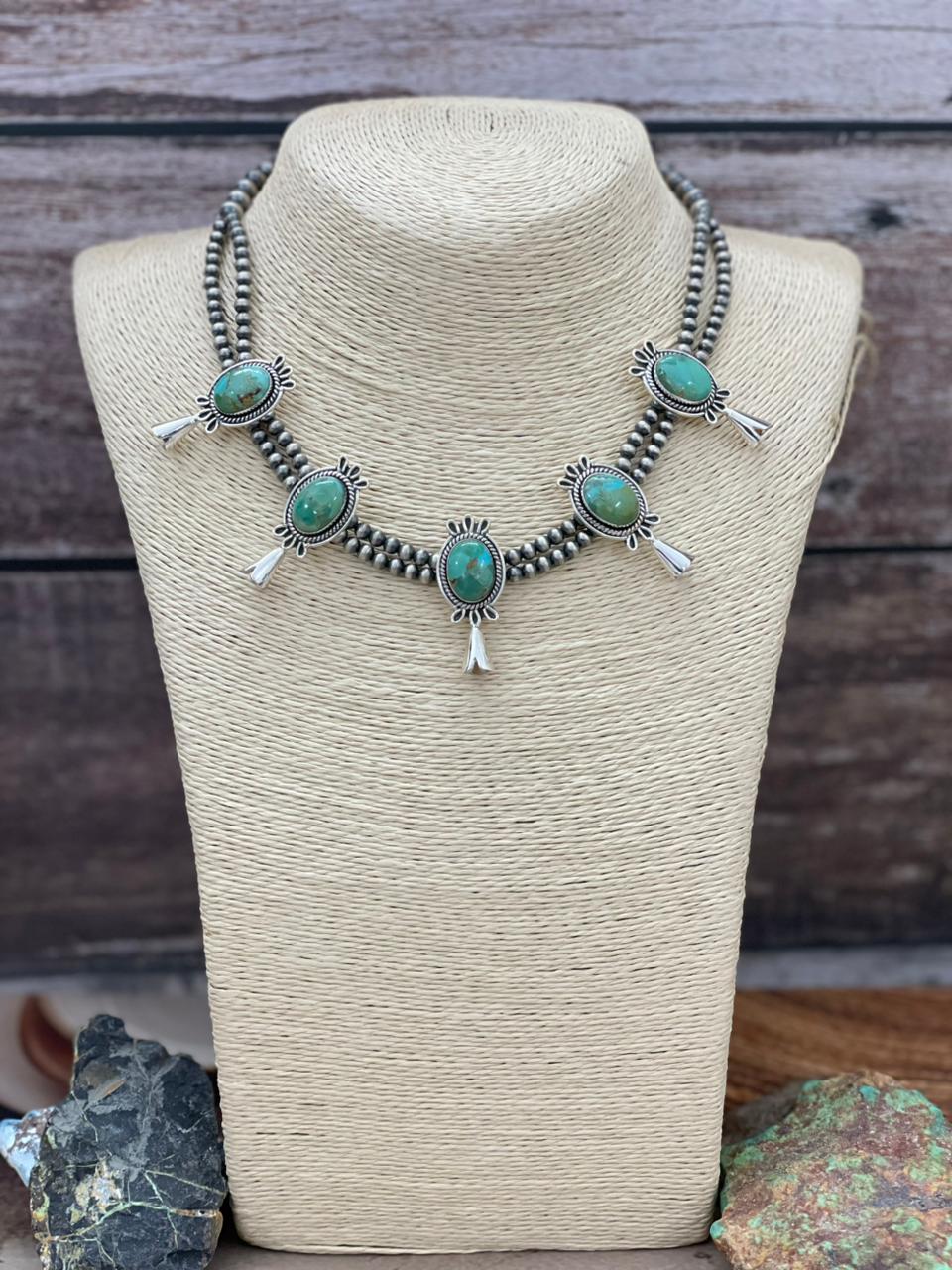 Handmade Sterling Silver Kingman Turquoise Beaded Blossom Necklace "Signed Nizhoni"