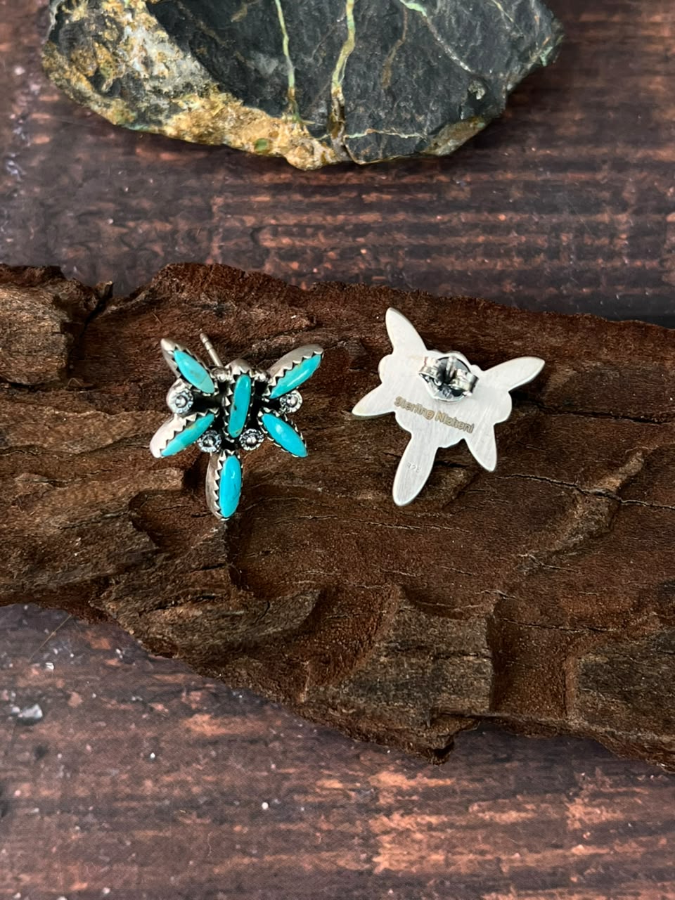 Handmade Sterling Silver Kingman Turquoise Post Studs Earrings Signed Nizhoni