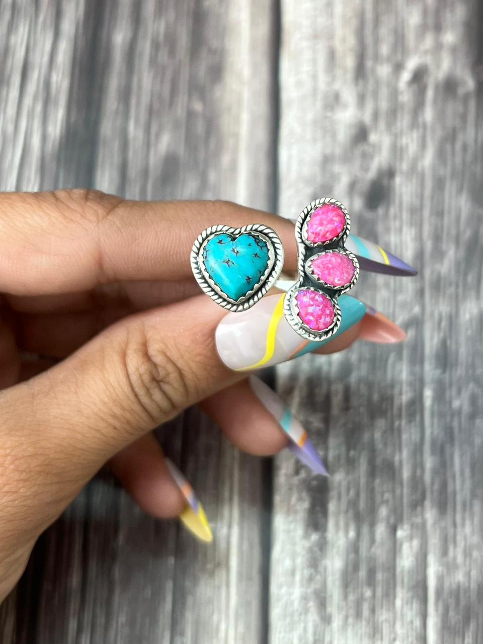 Handmade Sterling Silver Hot Pink with Arizona Turquoise Adjustable Ring "Signed Nizhoni"