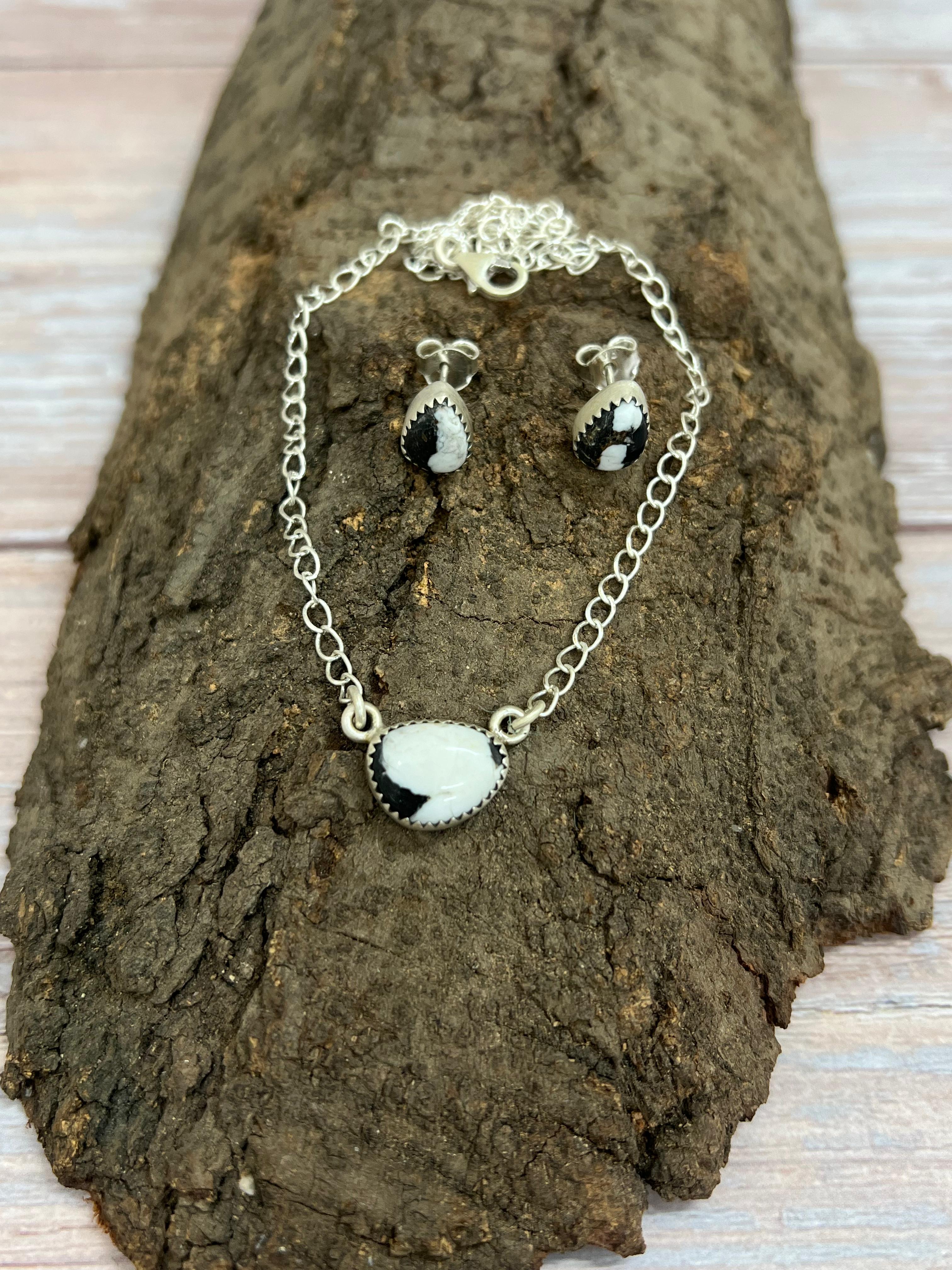 Handmade Sterling Silver White Buffalo Necklace & Earrings Set Signed Nizhoni