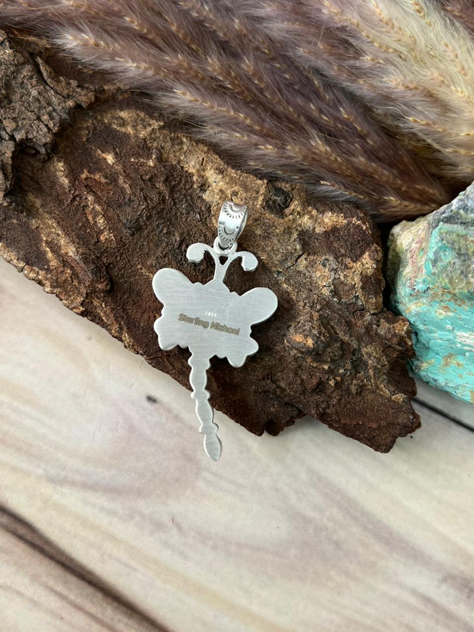Handmade Sterling Silver White Buffalo Dragonfly Pendant Signed Nizhoni (7)