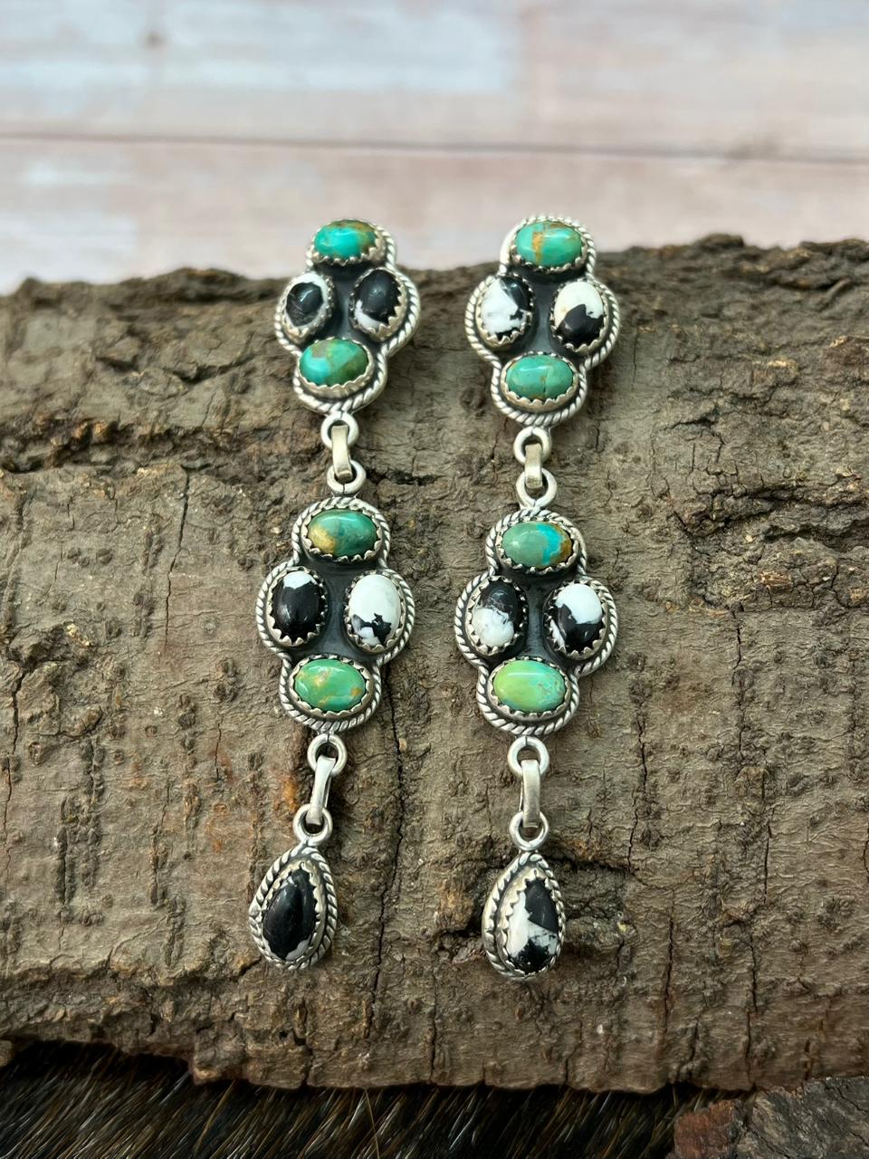 Handmade Sterling Silver Kingman Turquoise with White Buffalo Post Dangle Earrings "Signed Nizhoni"
