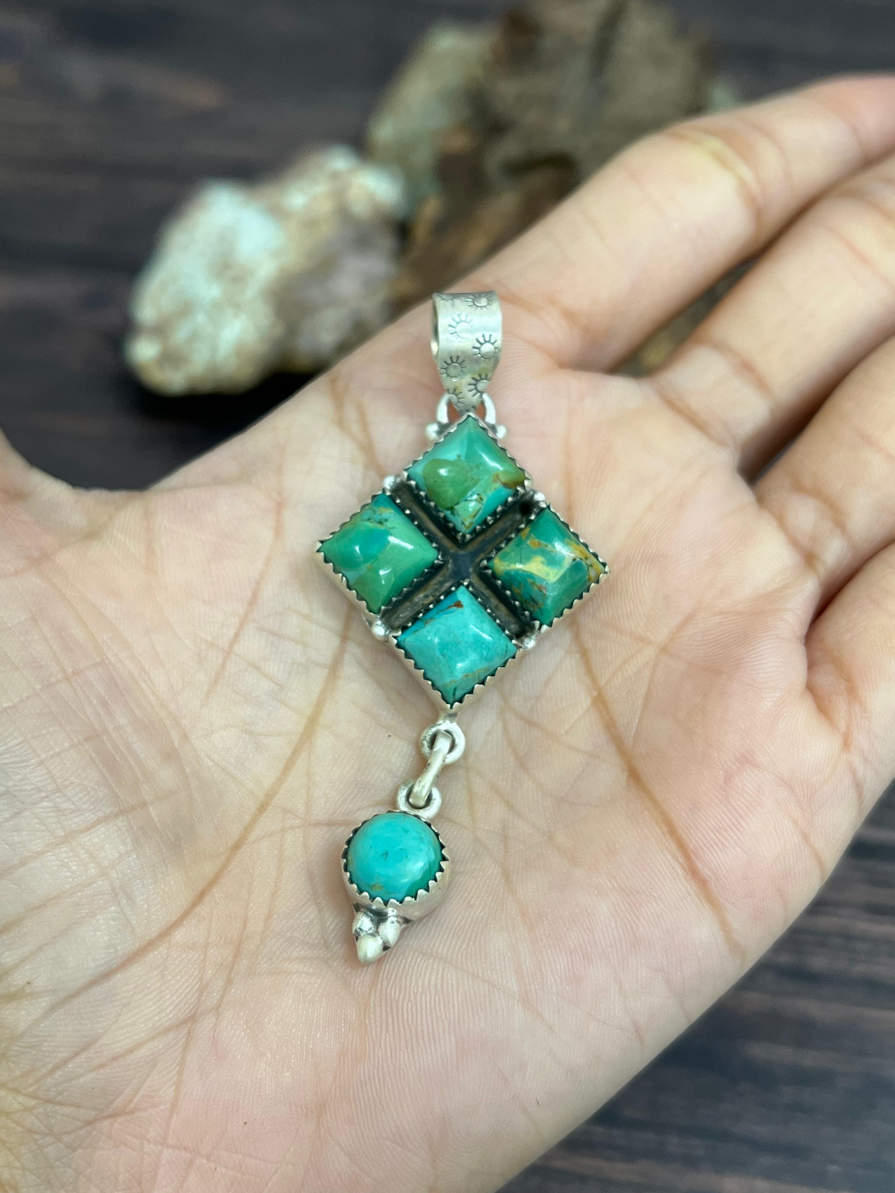 Handmade Sterling Silver Kingman Turquoise Pendant with Signed Nizhoni