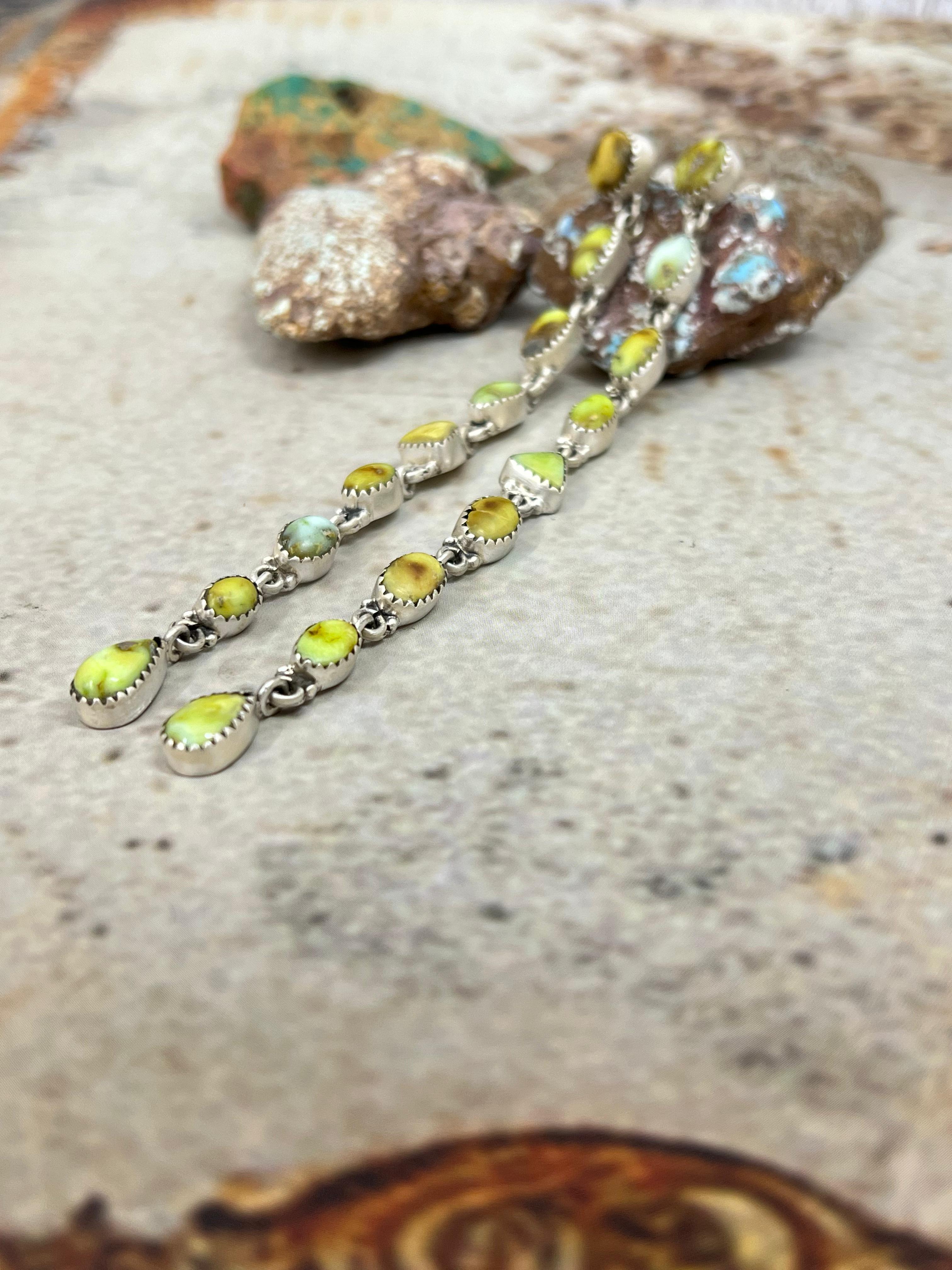 Handmade Sterling Silver Palomino Turquoise Post Dangle Earrings with Signed Nizhoni