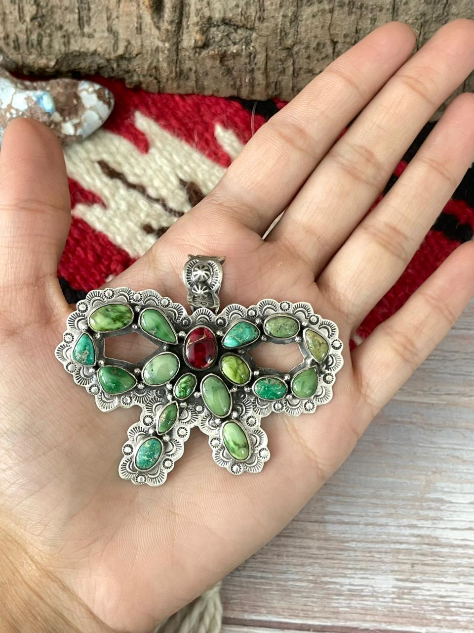 Handmade Sterling Silver Dahlia Rose with Emerald Valley Turquoise Pendant "Signed Nizhoni"