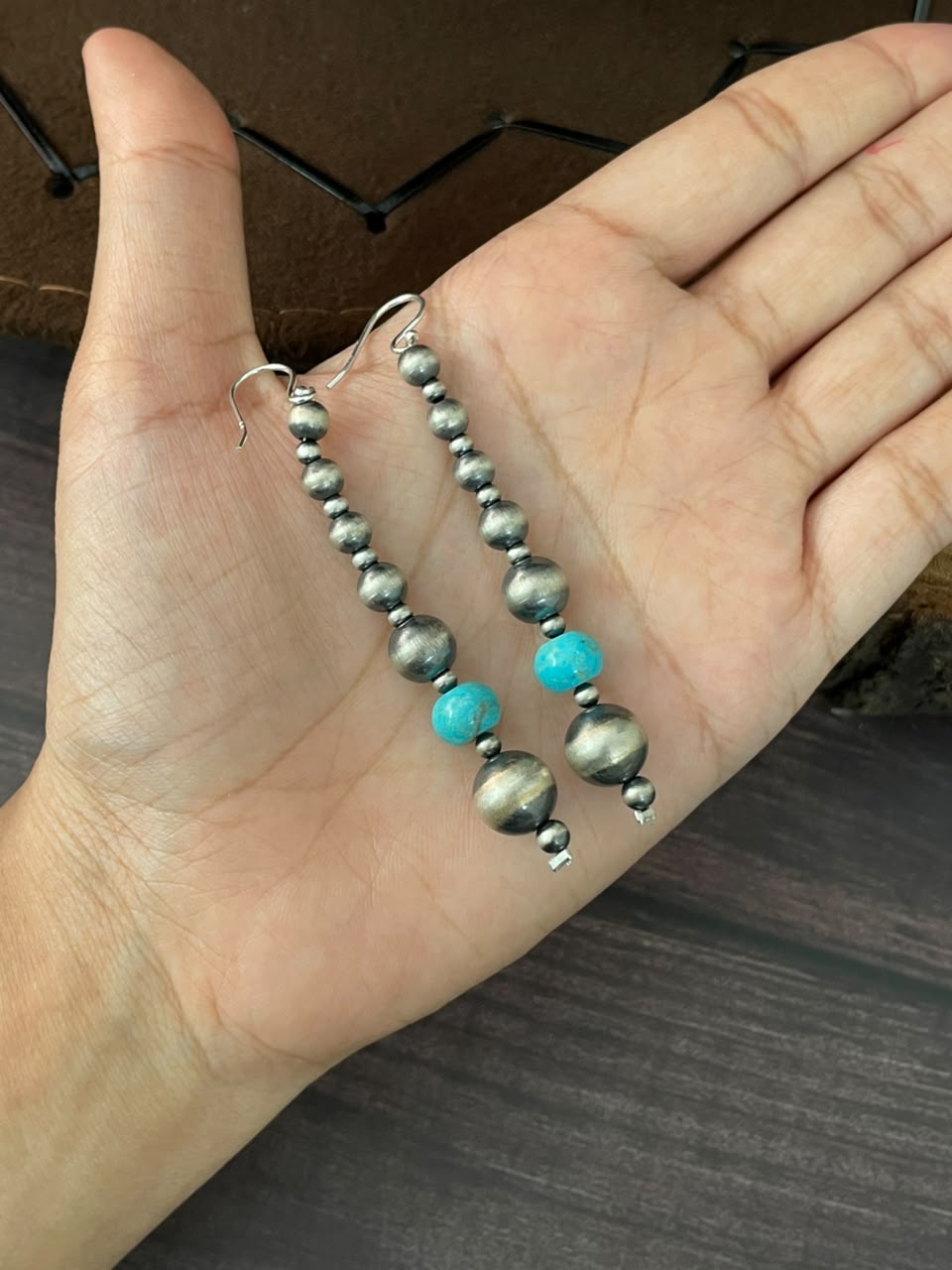 Handmade Sterling Silver Kingman Turquoise Hook Dangle Beaded Earrings