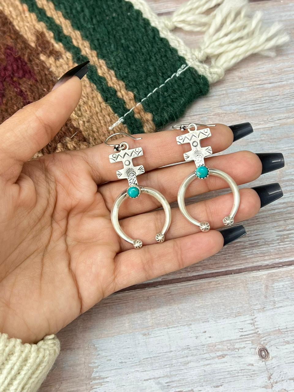 Handmade Sterling Silver Kingman Turquoise Hook Dangle Earrings "Signed Nizhoni"