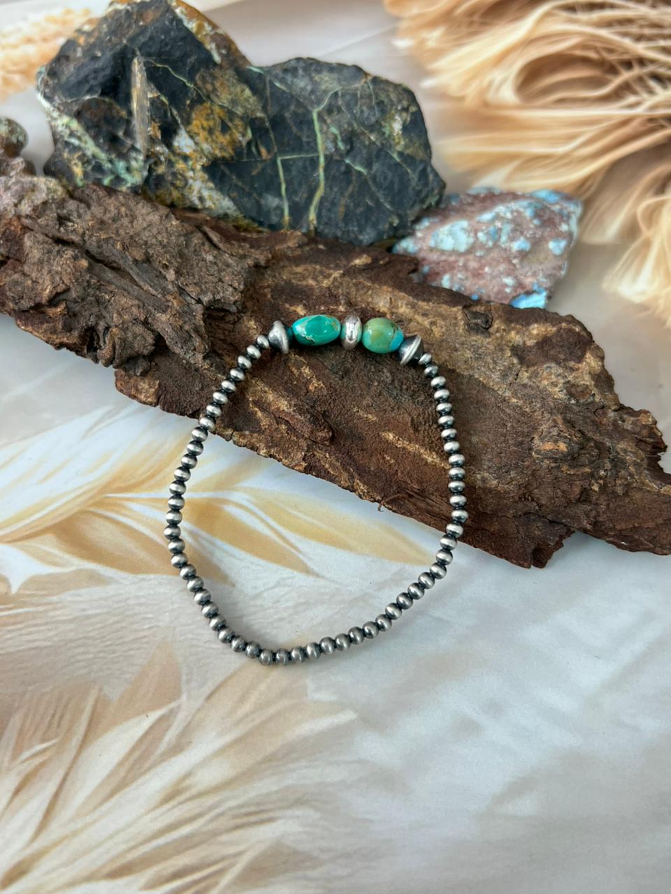 Handmade Sterling Silver Kingman Turquoise Beaded Stretch Bracelet