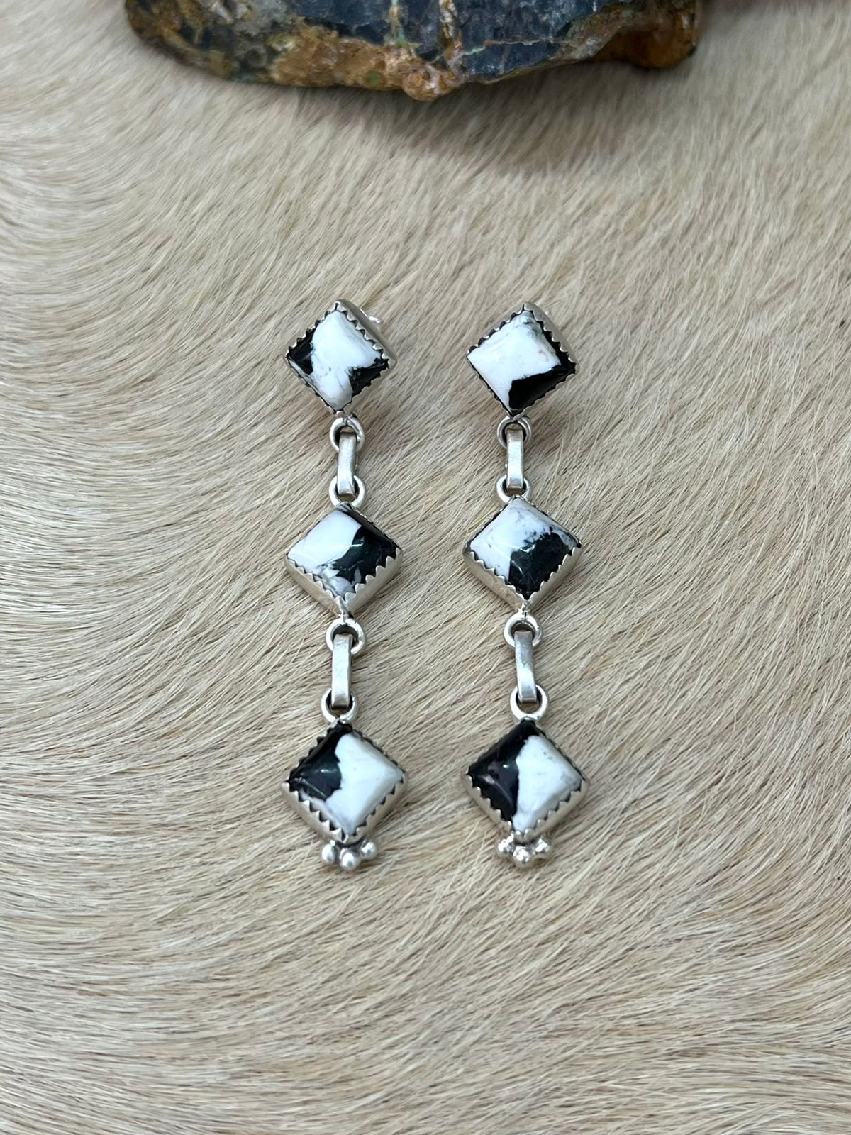 Handmade Sterling Silver White Buffalo Post Dangle Earrings "Signed Nizhoni"