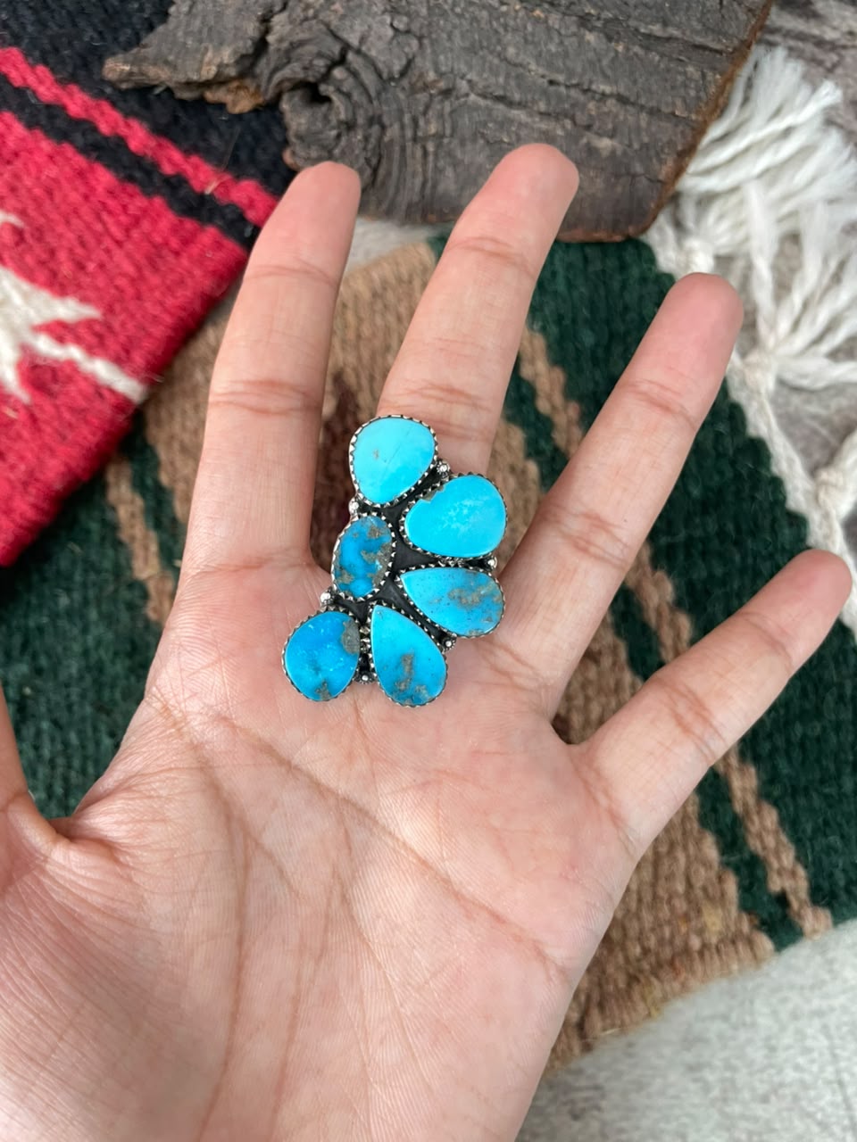 Handmade Sterling Silver Blue Kingman Turquoise Adjustable Ring Signed Nizhoni