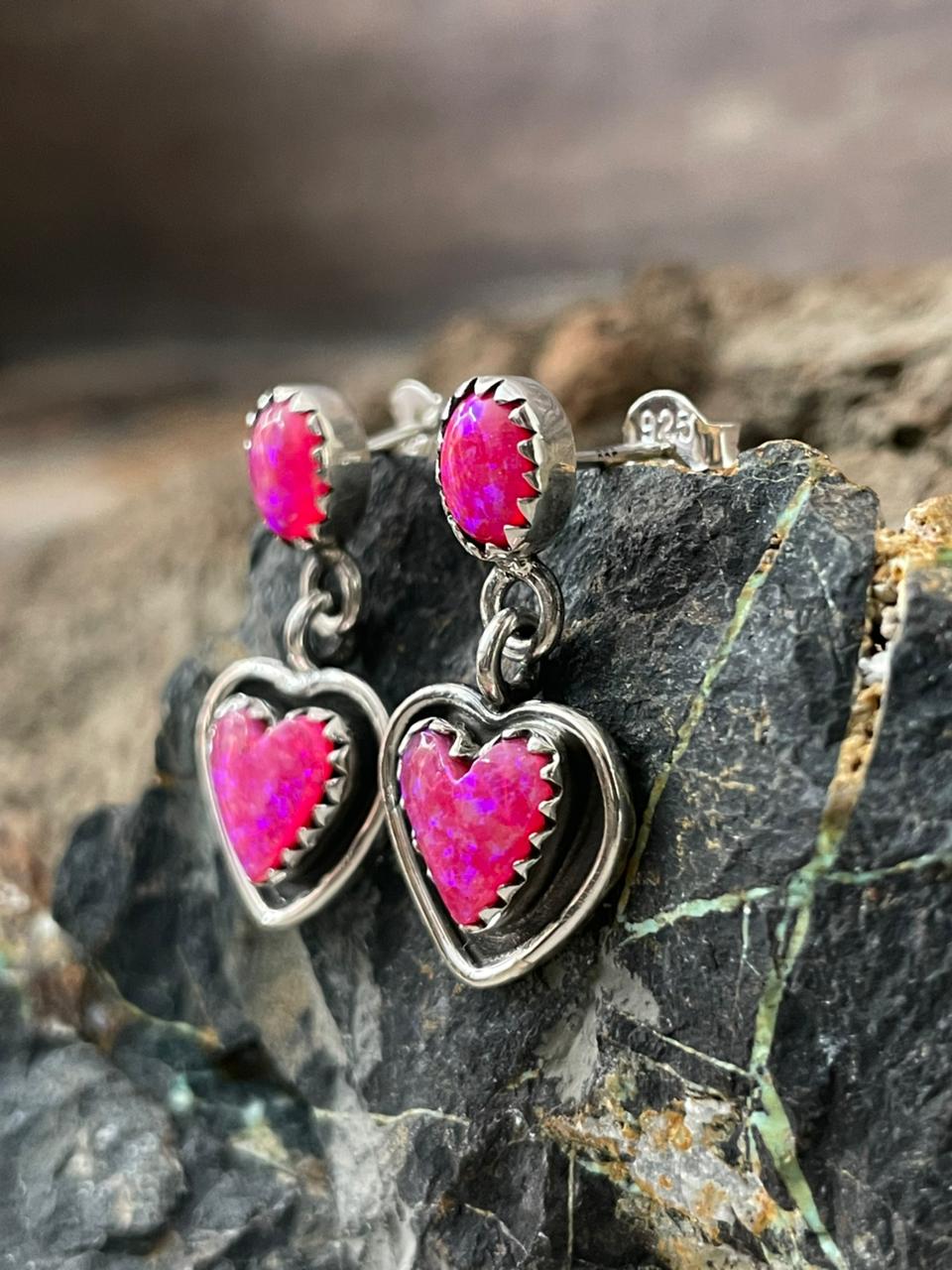 "Heart Collection" Handmade Sterling Silver Hot Pink Post Dangle Earrings "Signed Nizhoni"