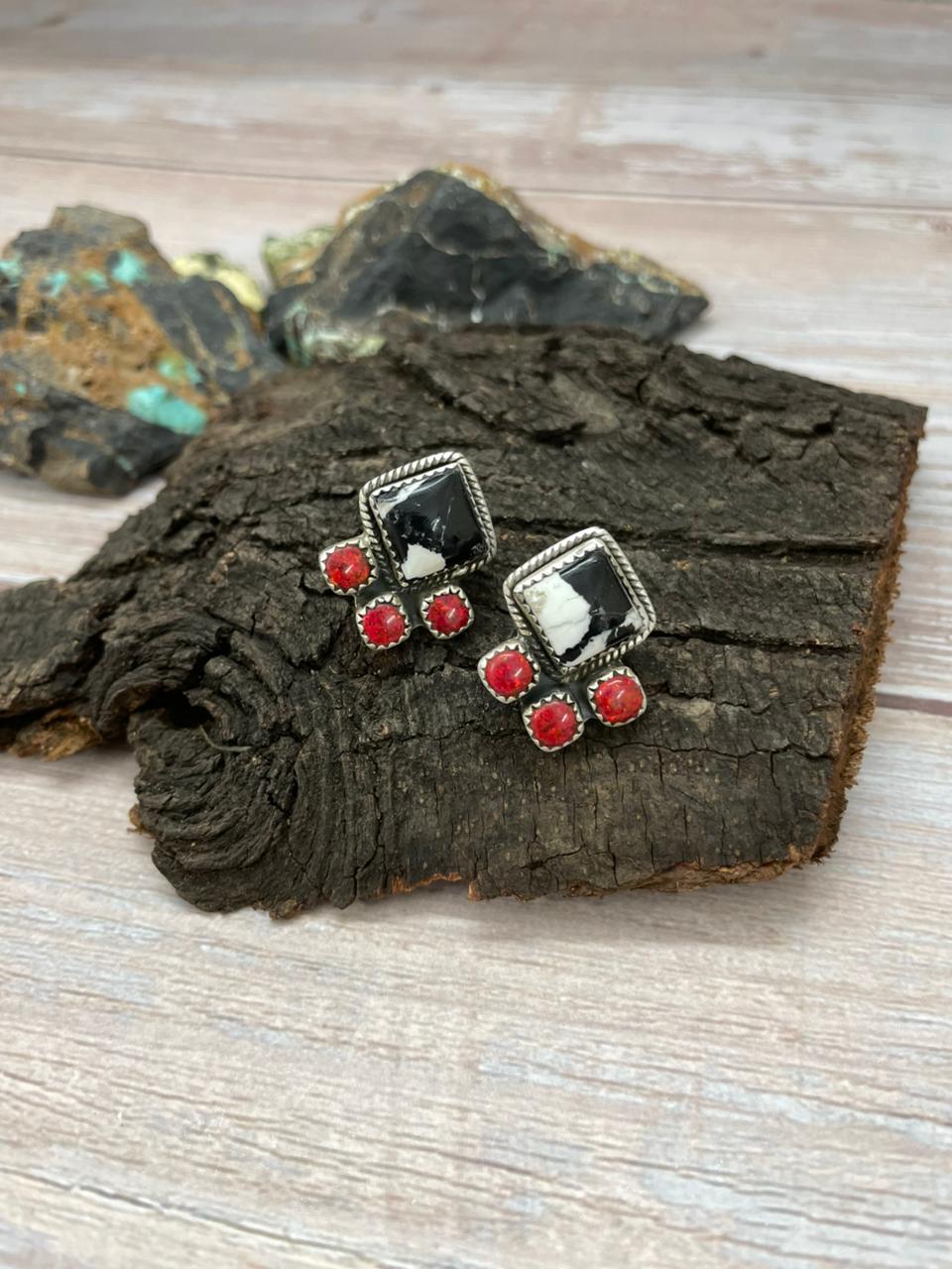 "Christmas Collection" Handmade Sterling Silver White Buffalo with Red Opal Studs Earrings "Signed Nizhoni"