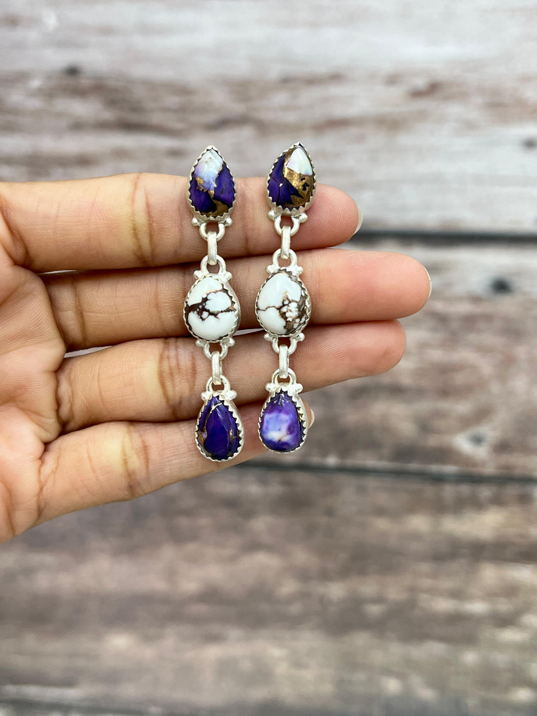 Handmade Sterling Silver Wild Horse with Purple Dahlia Post Dangle Earrings, Signed Nizhoni (7)