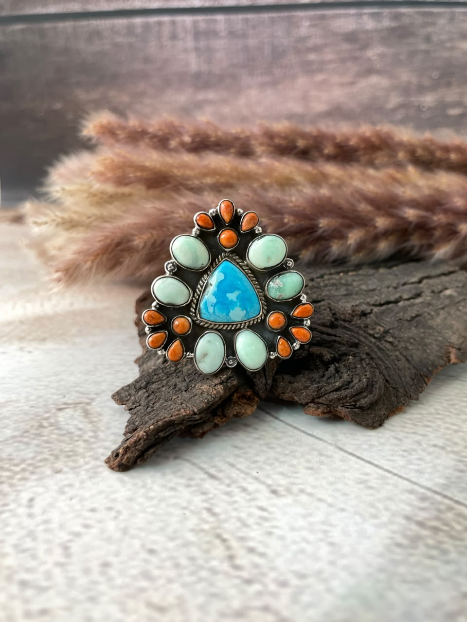 Handmade Sterling Silver Orange Mojave with Paloma and Sierra Bella Turquoise Adjustable Ring Signed Nizhoni
