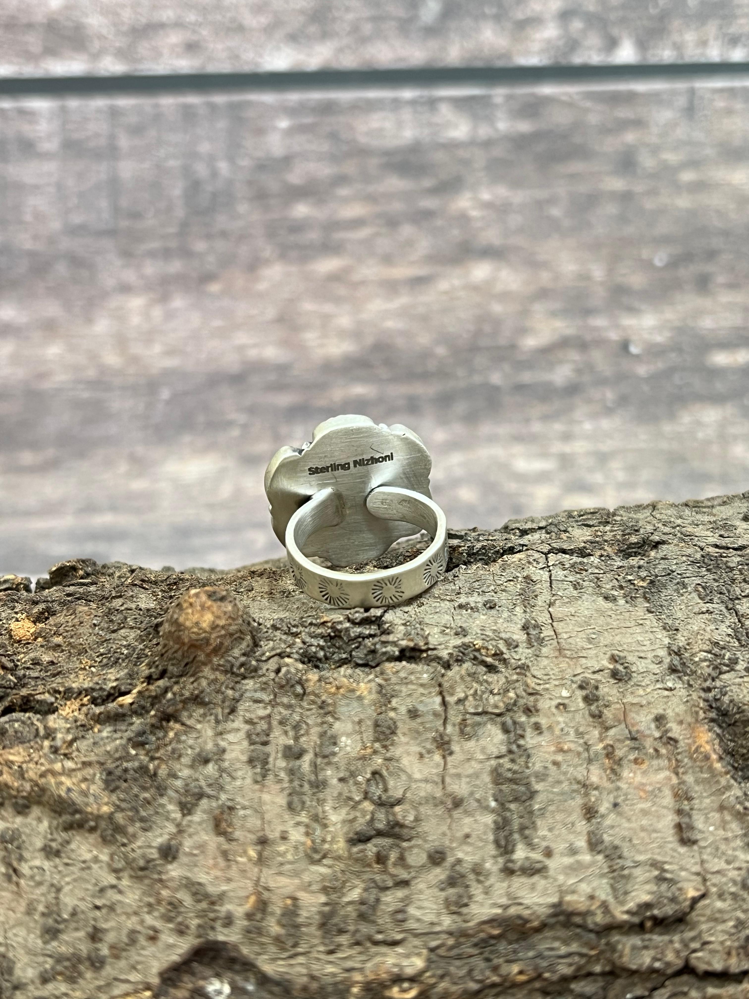 Handmade Sterling Silver Kingman Turquoise Adjustable Ring with Signed Nizhoni