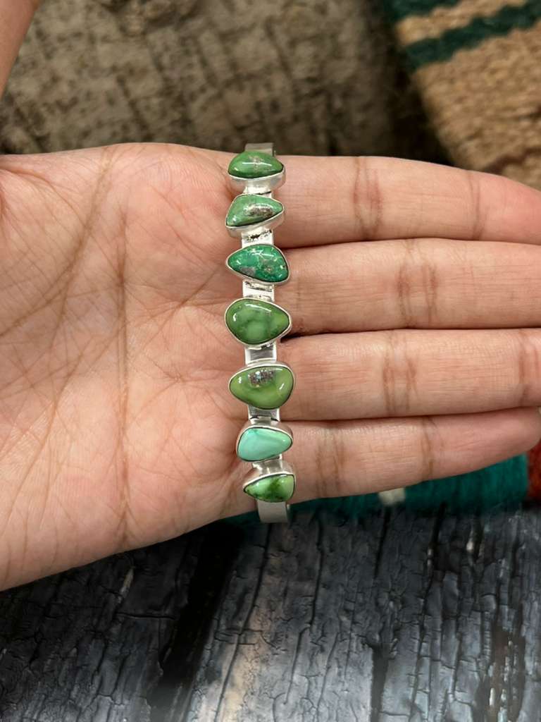Handmade Sterling Silver Emerald Valley Turquoise Bracelet with Signed Nizhoni