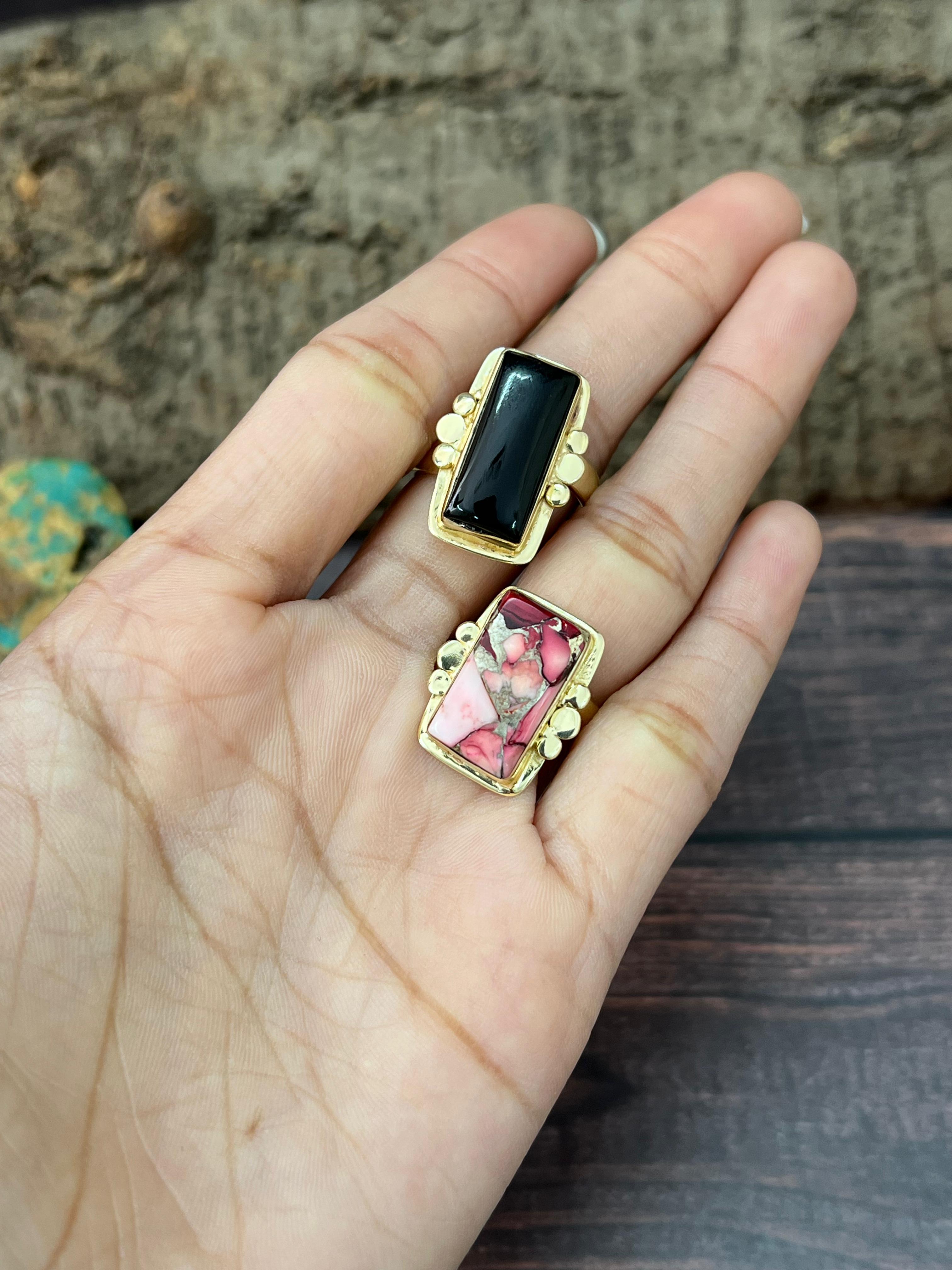 “The Golden Collection” Natural Dahlia Rose, Black Onyx Adjustable Ring