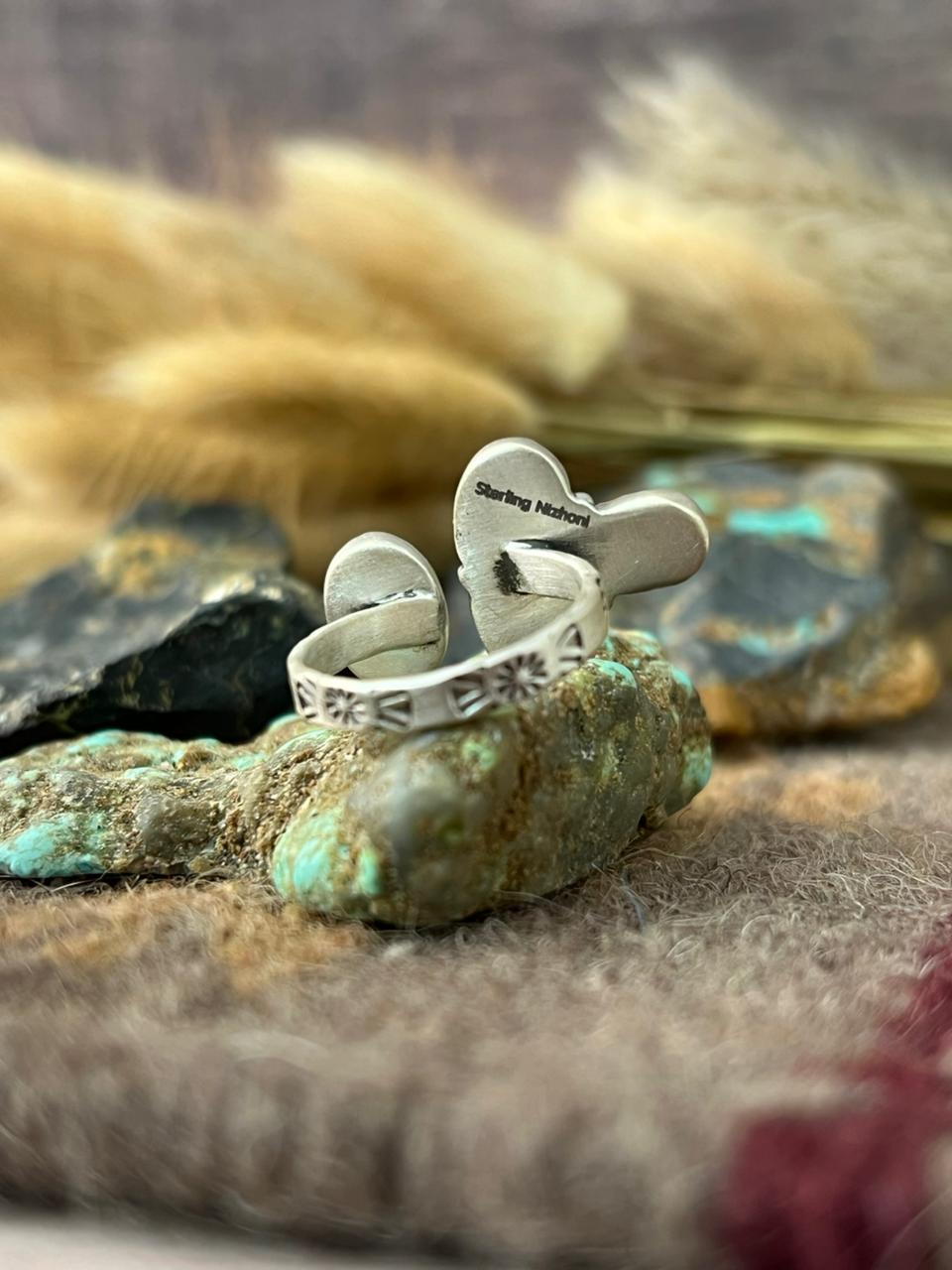 Handmade Sterling Silver Blackjack Turquoise Adjusatble Ring "Signed Nizhoni"