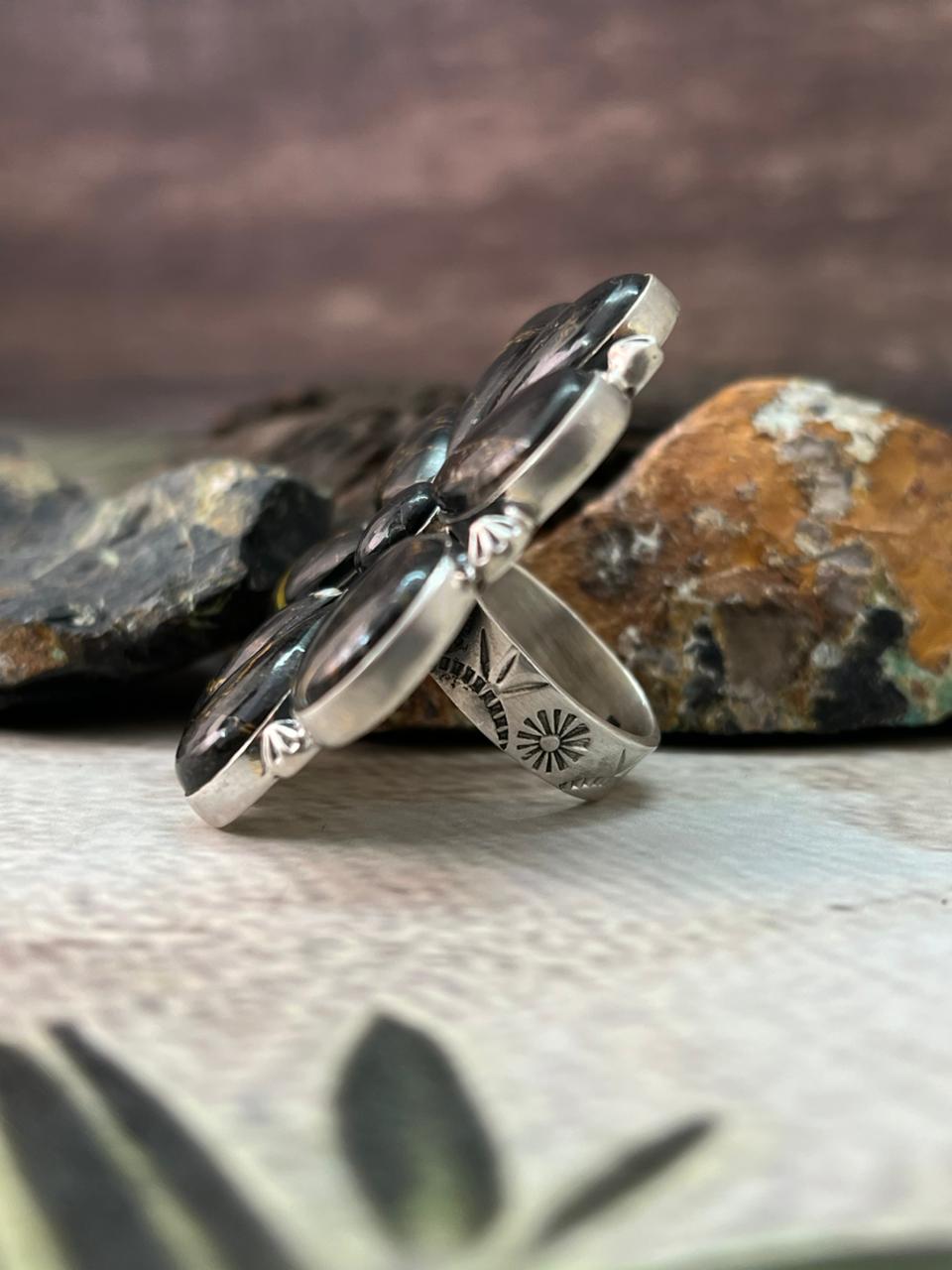 Handmade Sterling Silver Blackjack Turquoise Adjustable Ring " Signed Nizhoni"