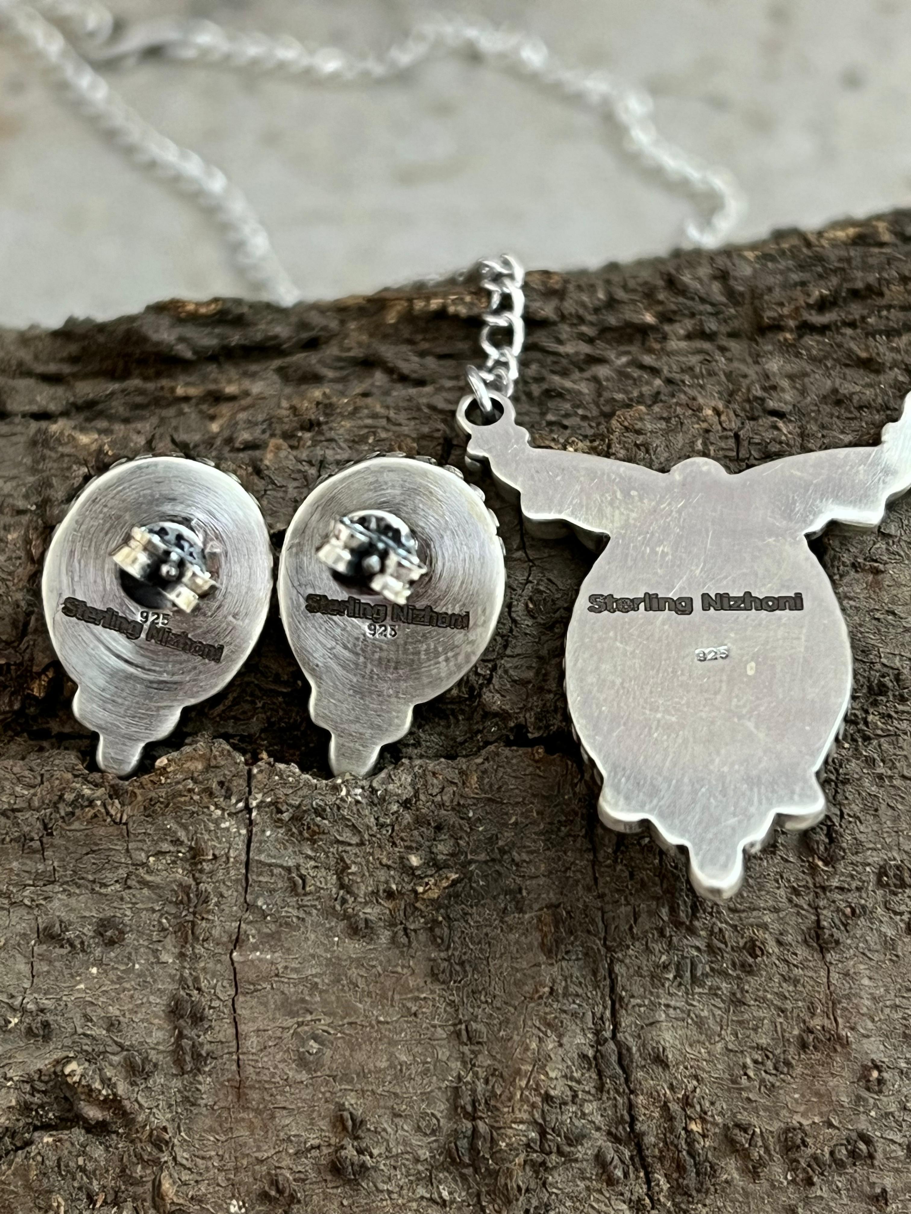 Handmade Sterling Silver Golden Hills Turquoise Necklace Earrings Set with Signed Nizhoni