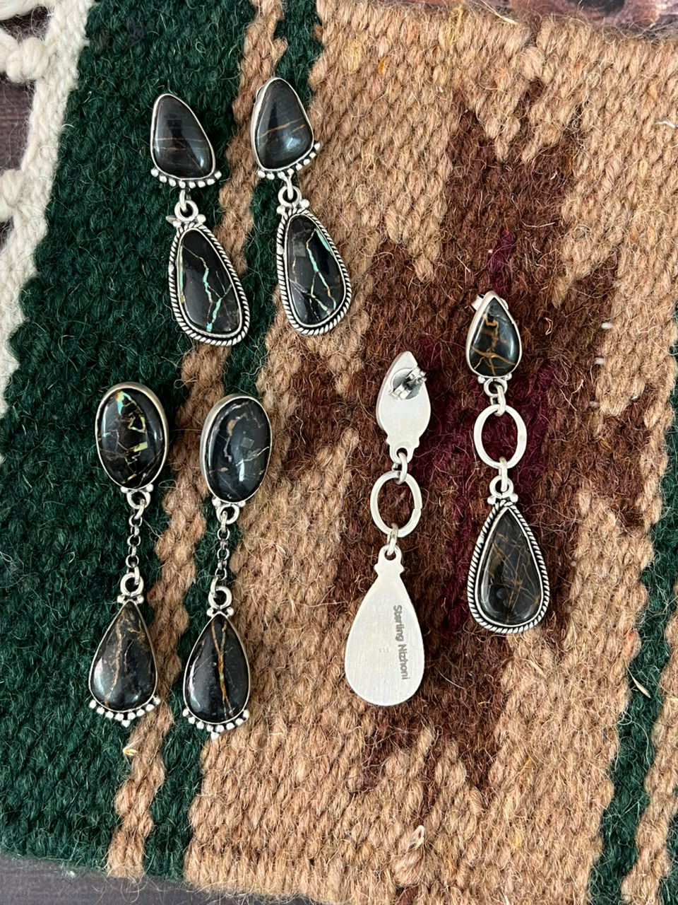 Handmade Sterling Silver Blackjack Turquoise Collection: Post Dangle Earrings Signed Nizhoni