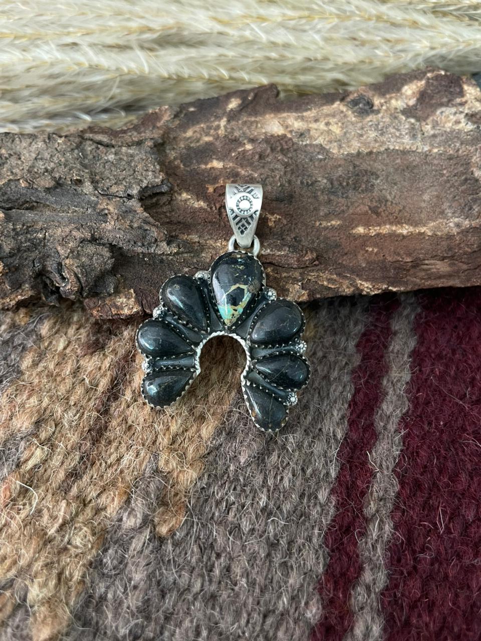 Handmade Sterling Silver Blackjack Turquoise Pendant "Signed Nizhoni"